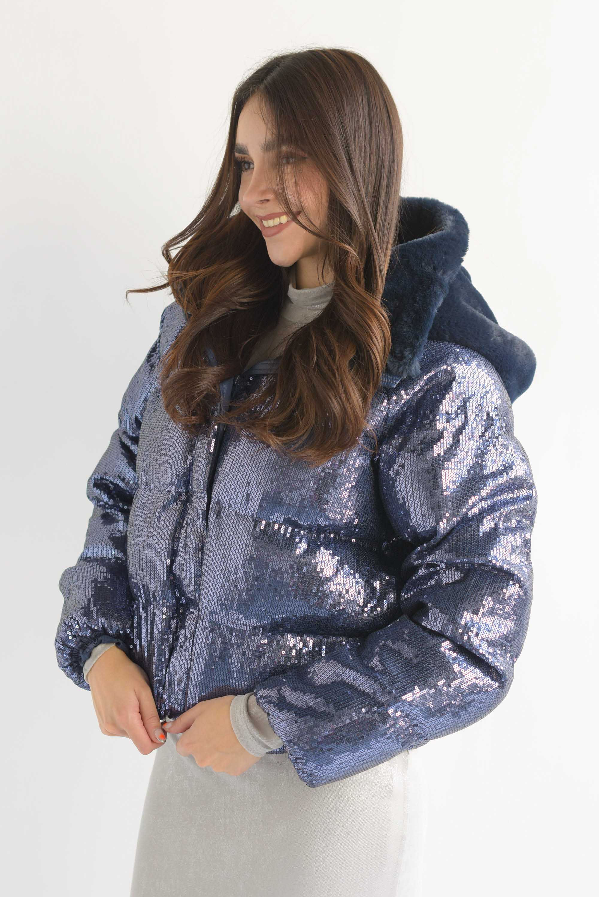 Chamarra puffer lentejuela hoddie Azul Marino