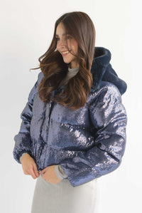 Fashion Styled Chamarra puffer lentejuela hoddie Azul Marino