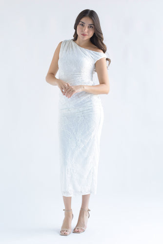 Vestido drapeado encaje asimétrico Blanco