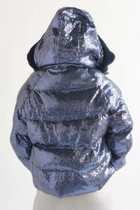 Fashion Styled Chamarra puffer lentejuela hoddie Azul Marino