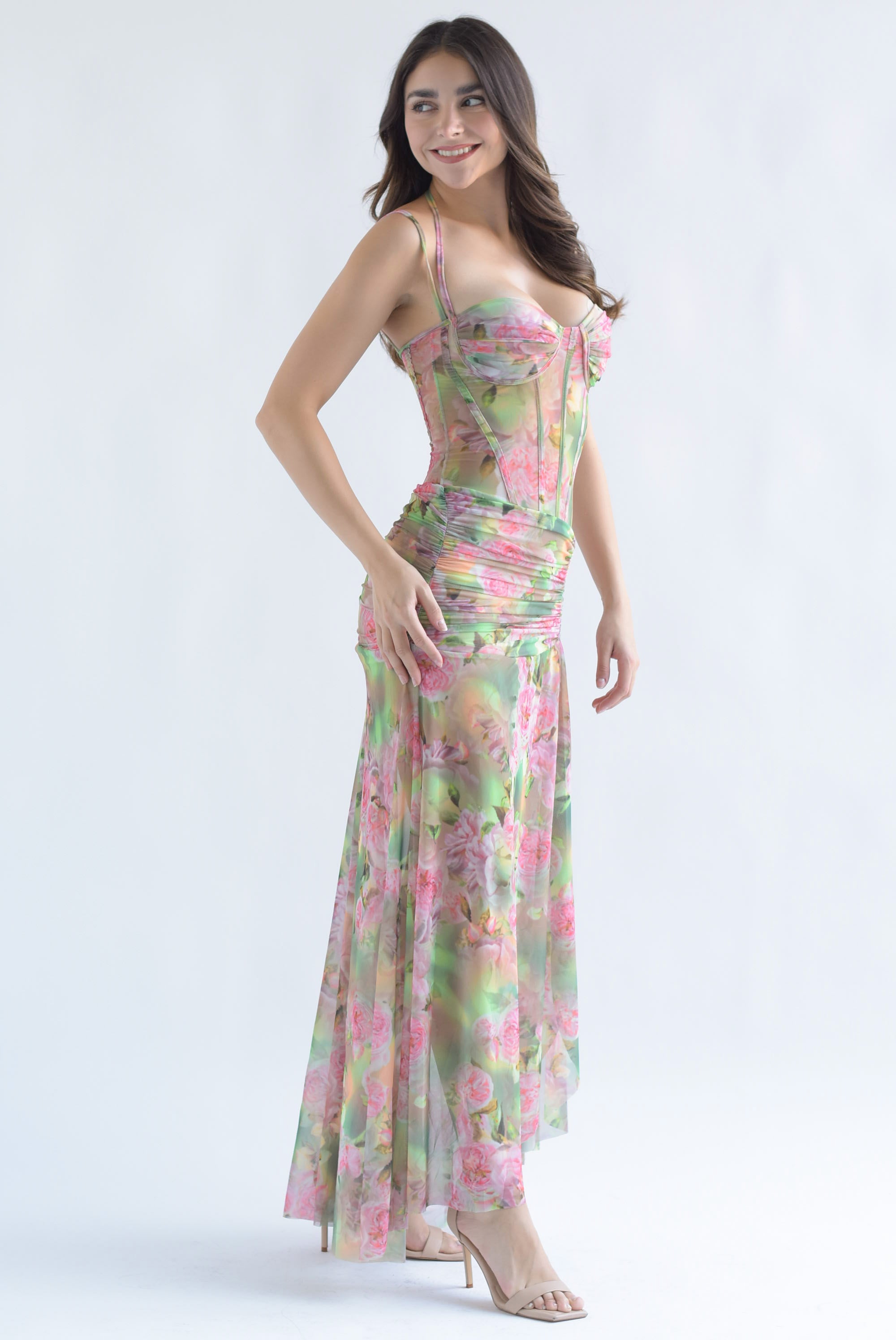 Vestido mesh corset peonias Verde