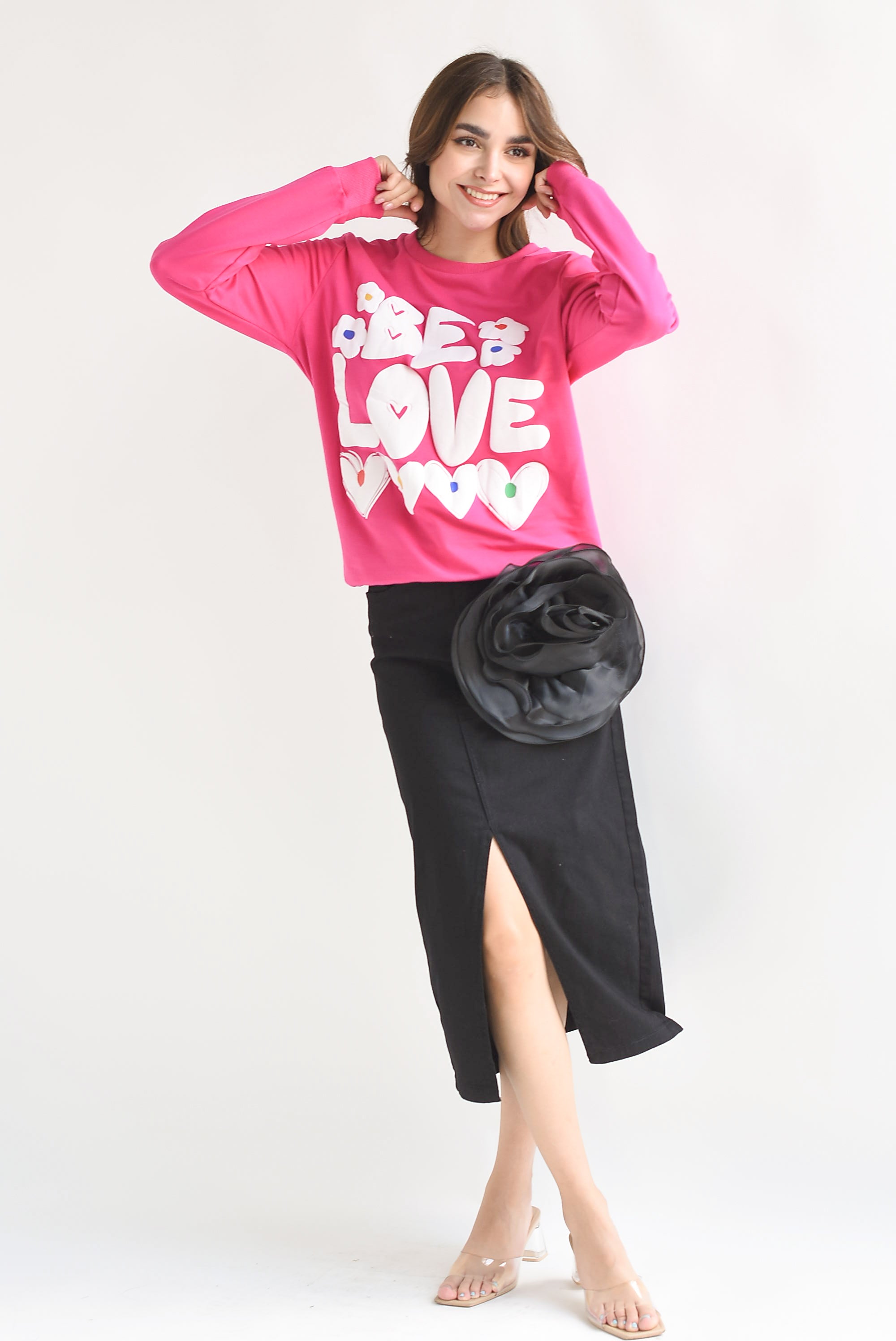 Falda recta flor 3D Negra