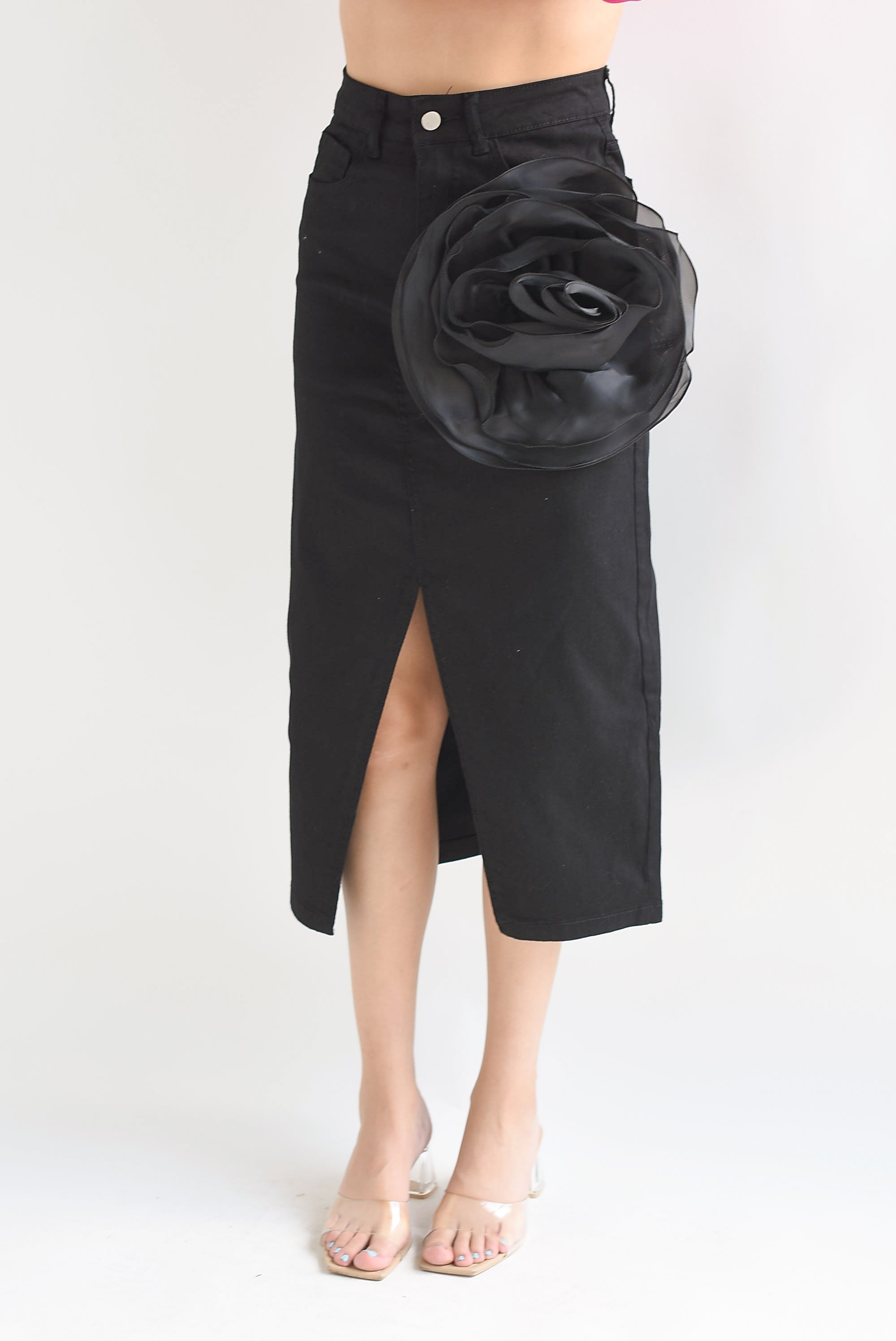 Falda recta flor 3D Negra