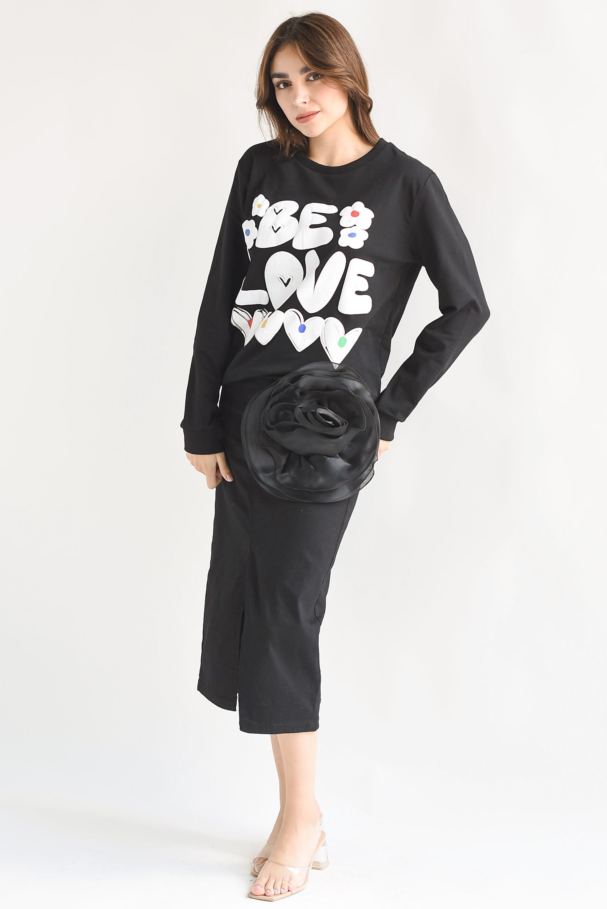 Falda recta flor 3D Negra