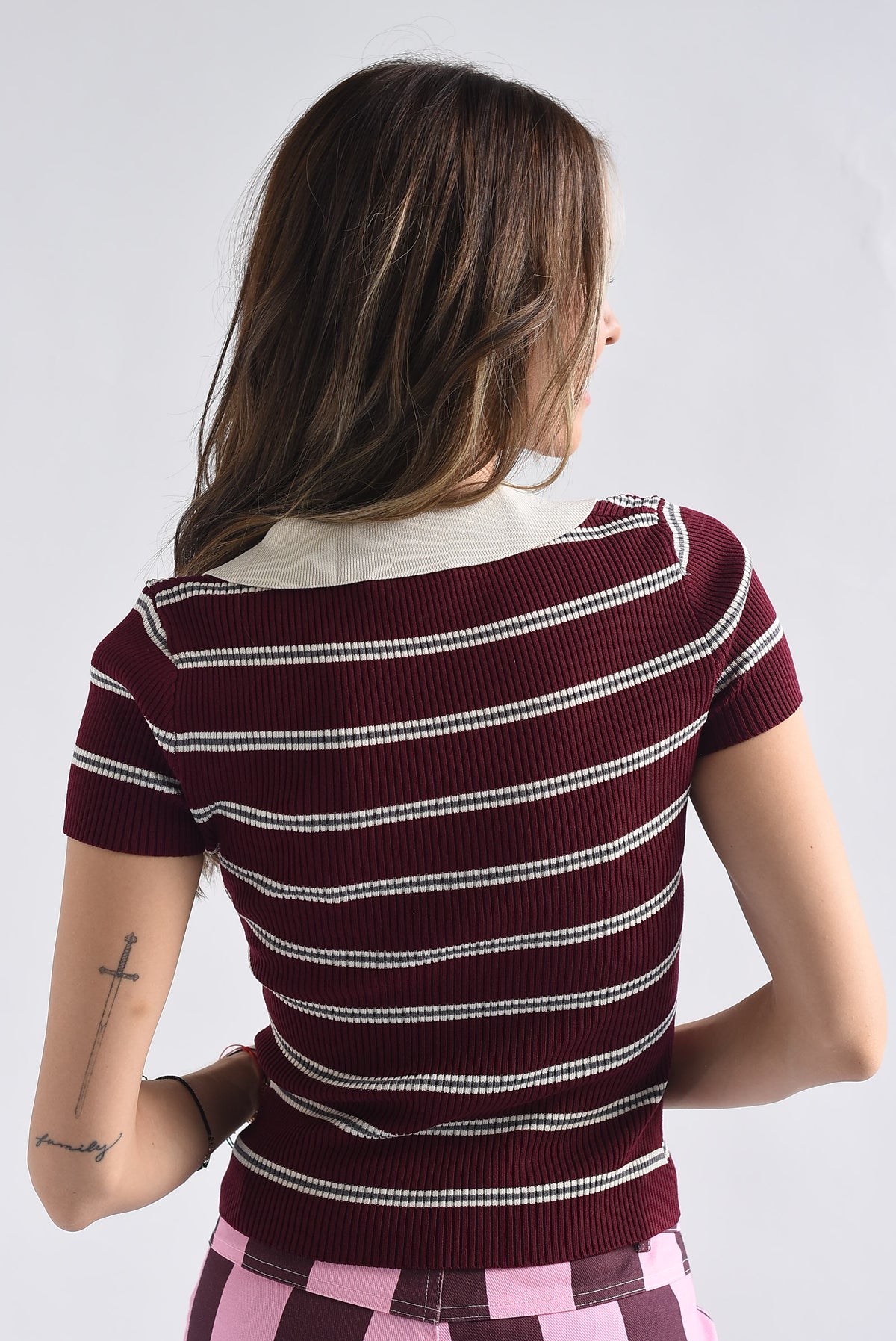 Blusa punto canalé cuello polo rayas