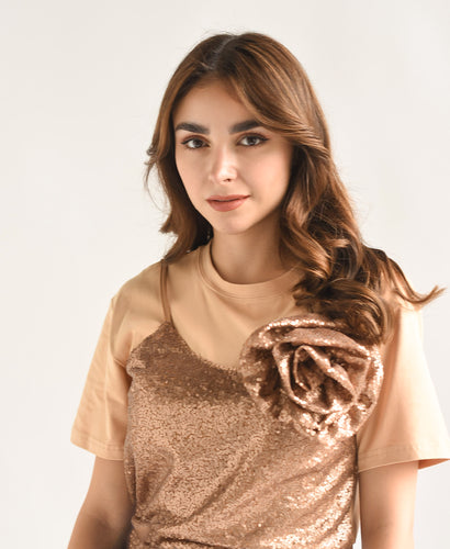 T-Shirt top lentejuela flor Camel