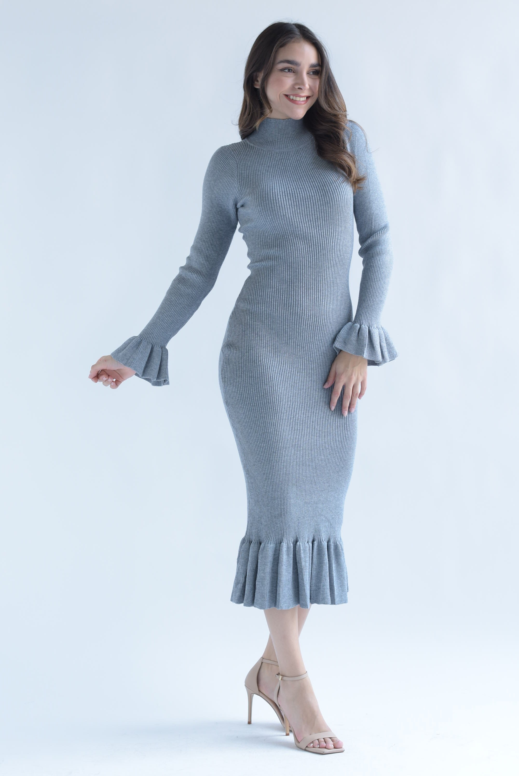 Vestido midi punto olanes Gris