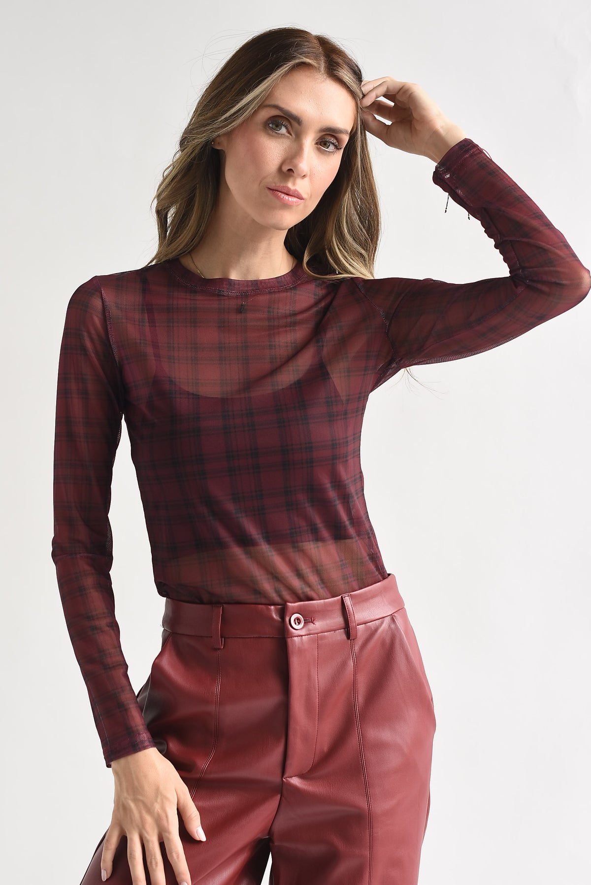 Blusa mesh manga larga cuadros