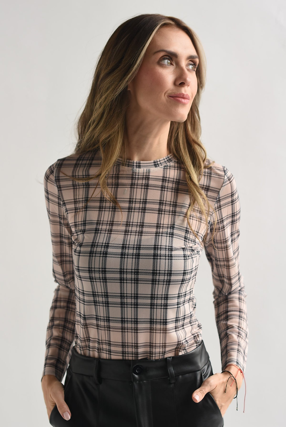 Blusa mesh manga larga cuadros