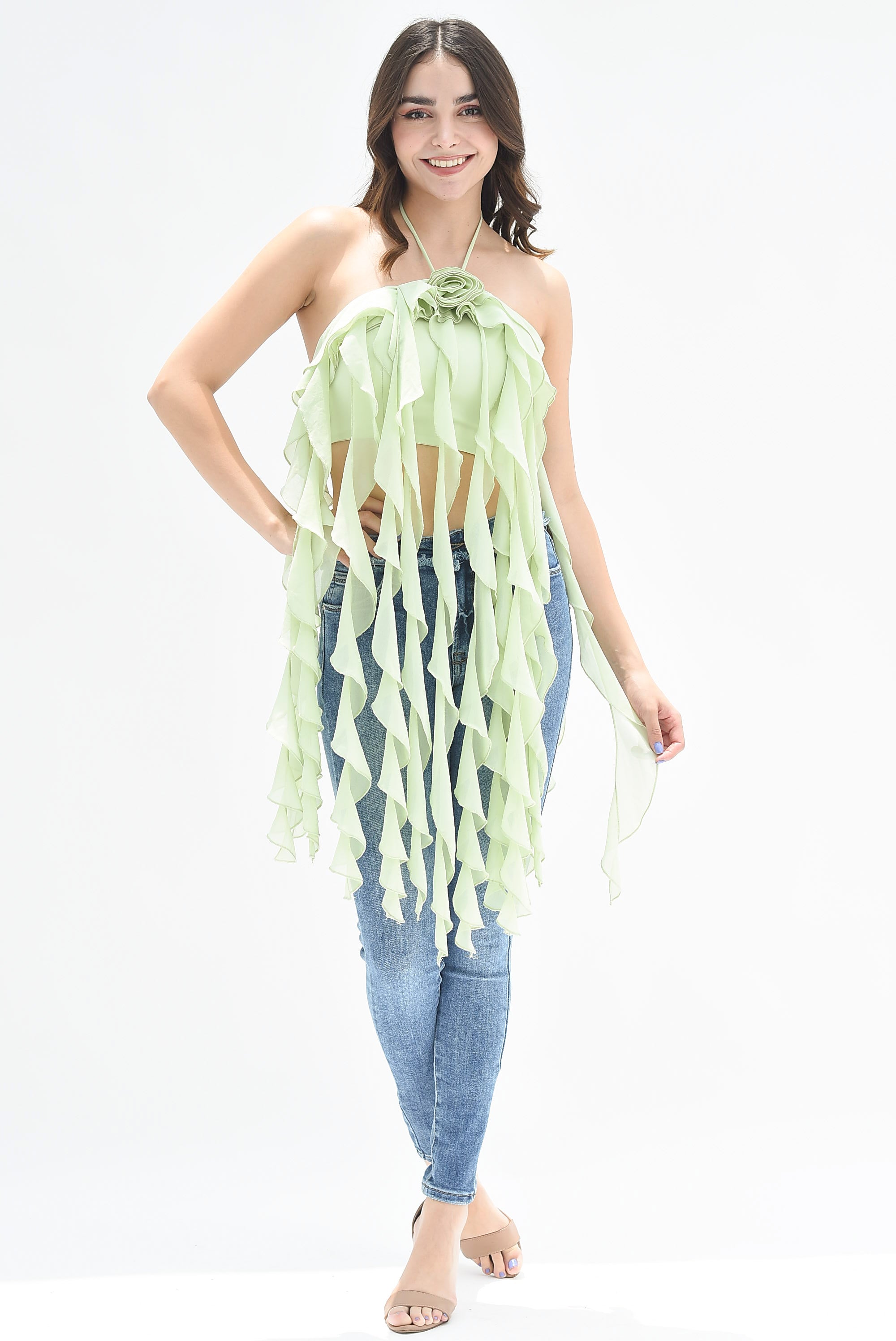 Top halter asimétrico Flor 3D Verde