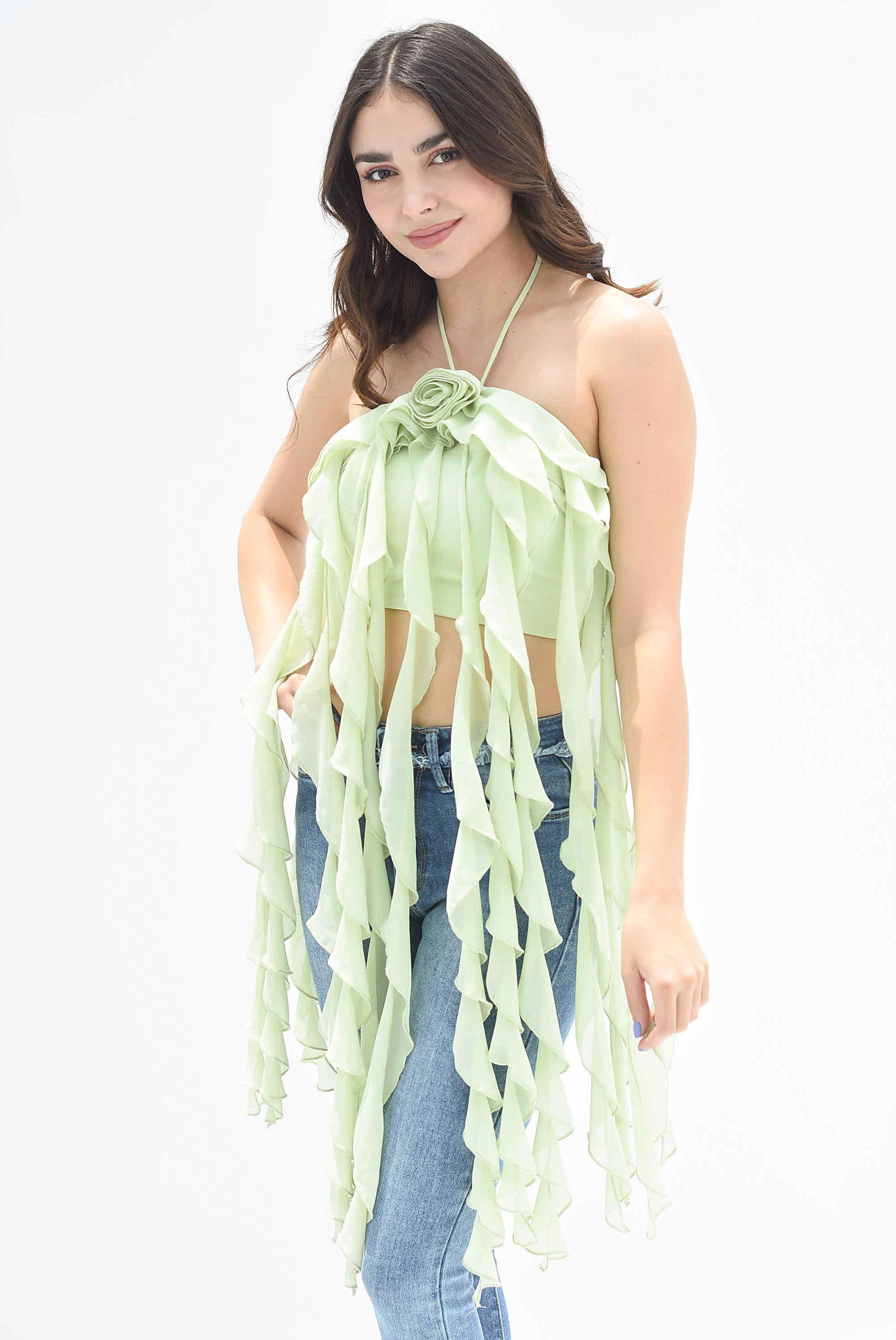 Top halter asimétrico Flor 3D Verde