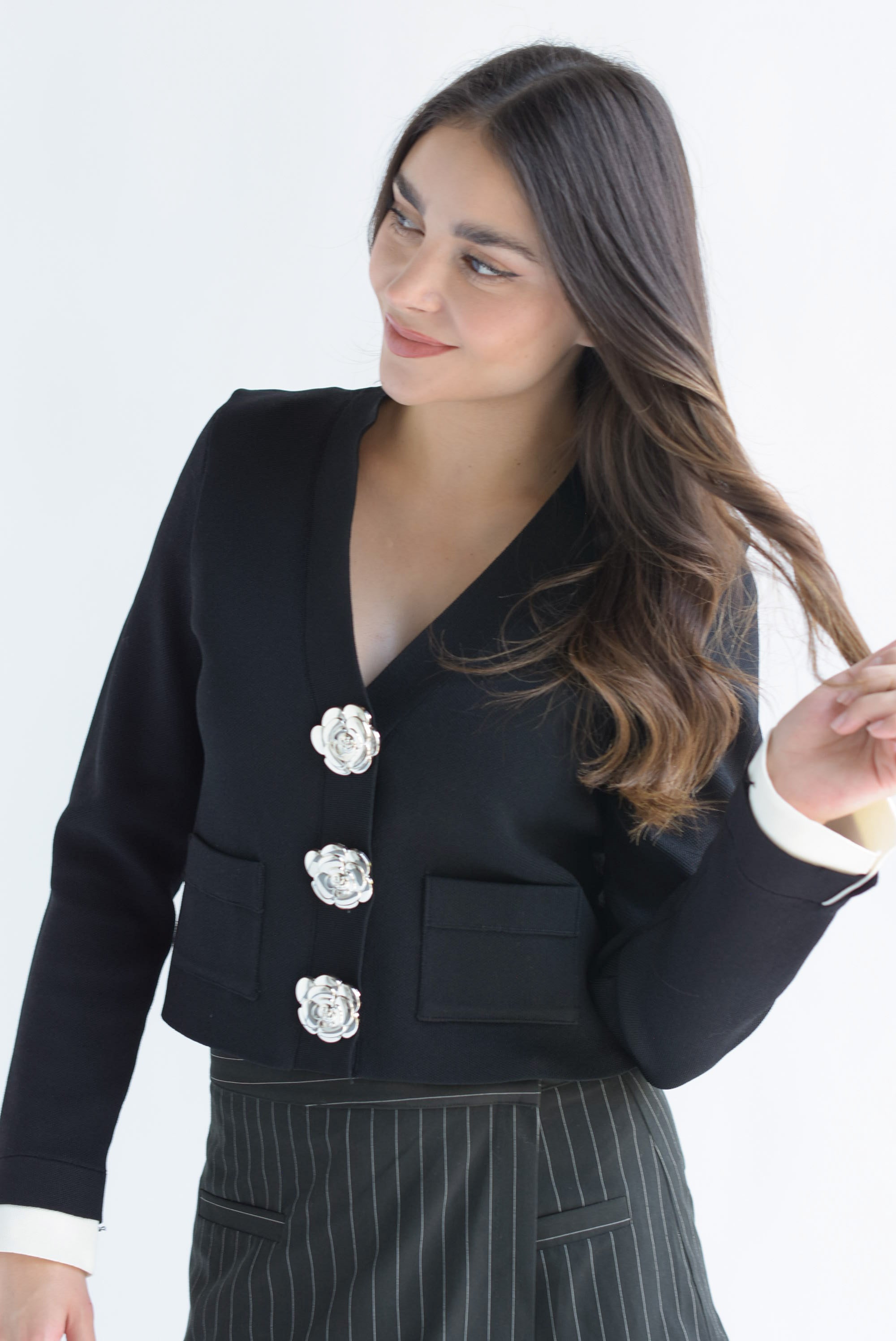 Cárdigan maxi botones flor Negro