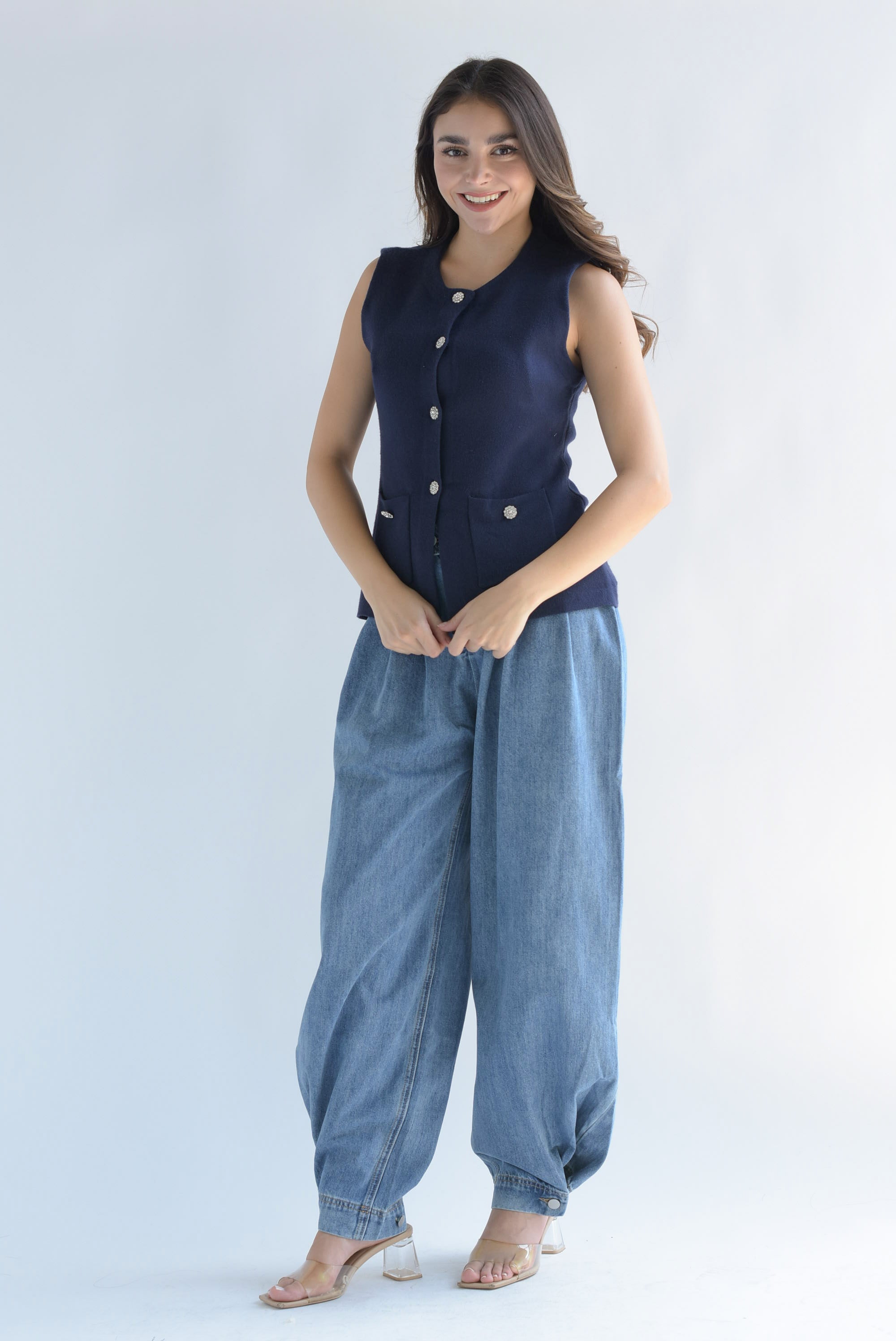 Chaleco punto botones joyas Azul Marino