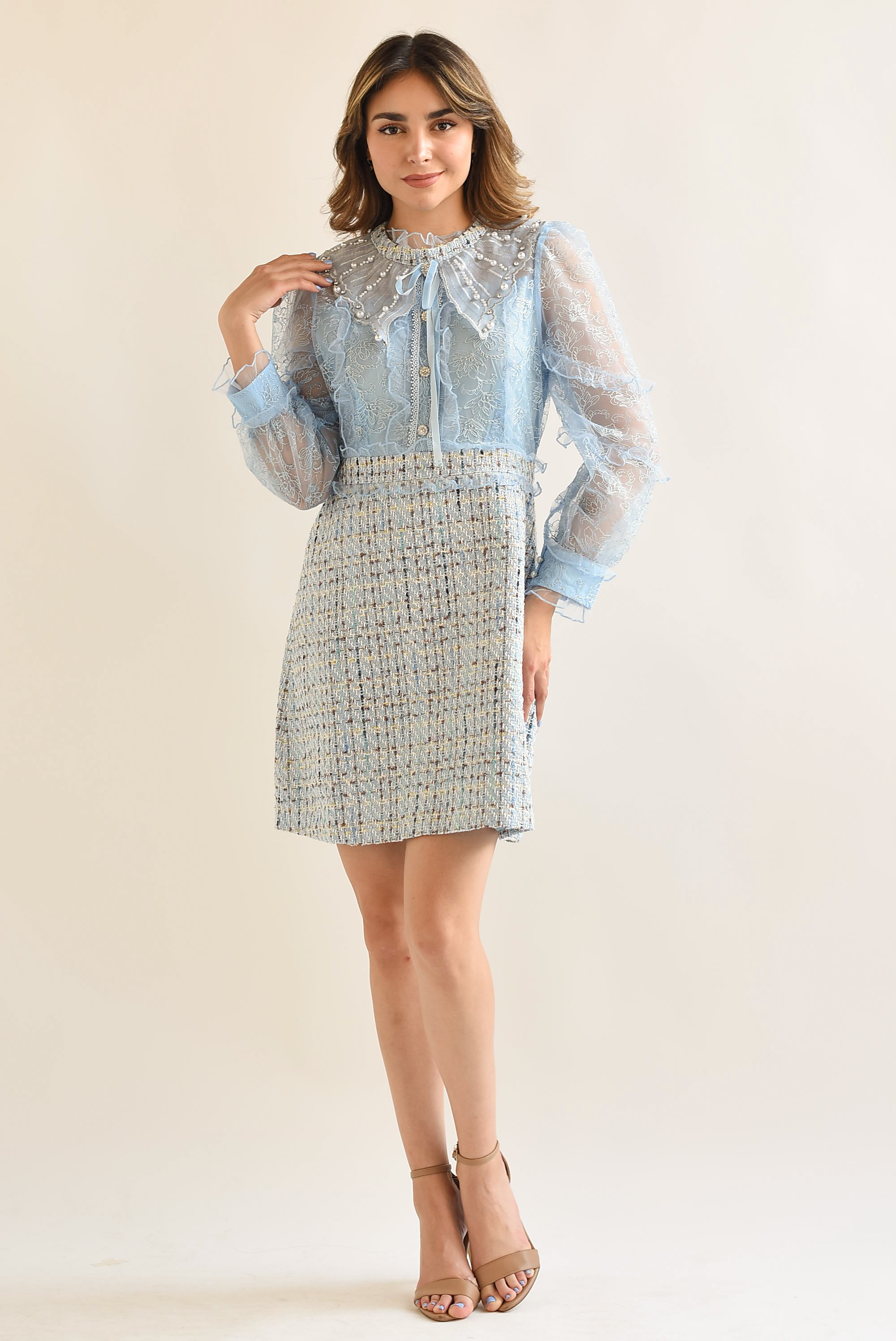 Vestido Tweed  Flores bordadas Azul