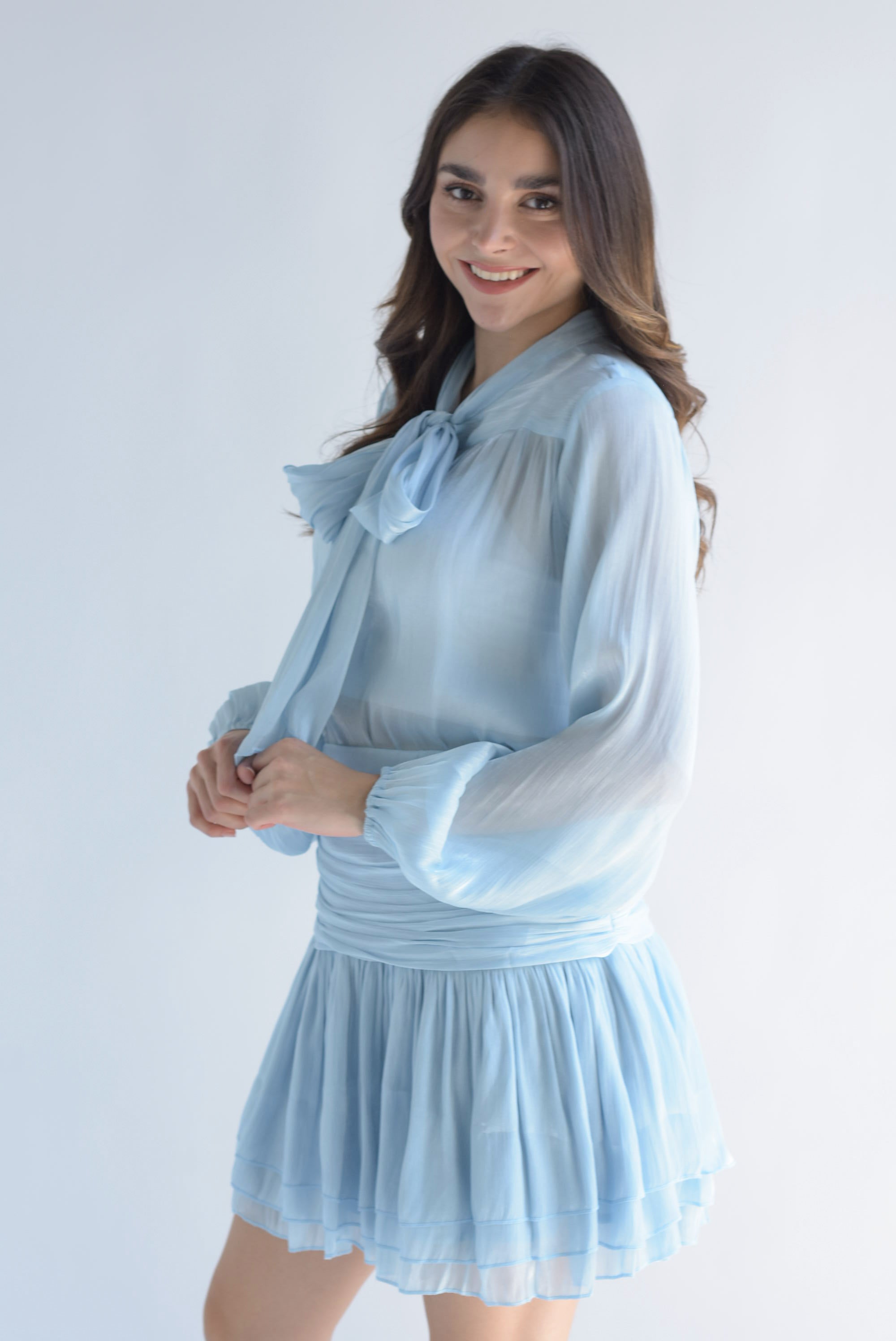 Set Falda drapeada y Blusa cinta Azul Baby