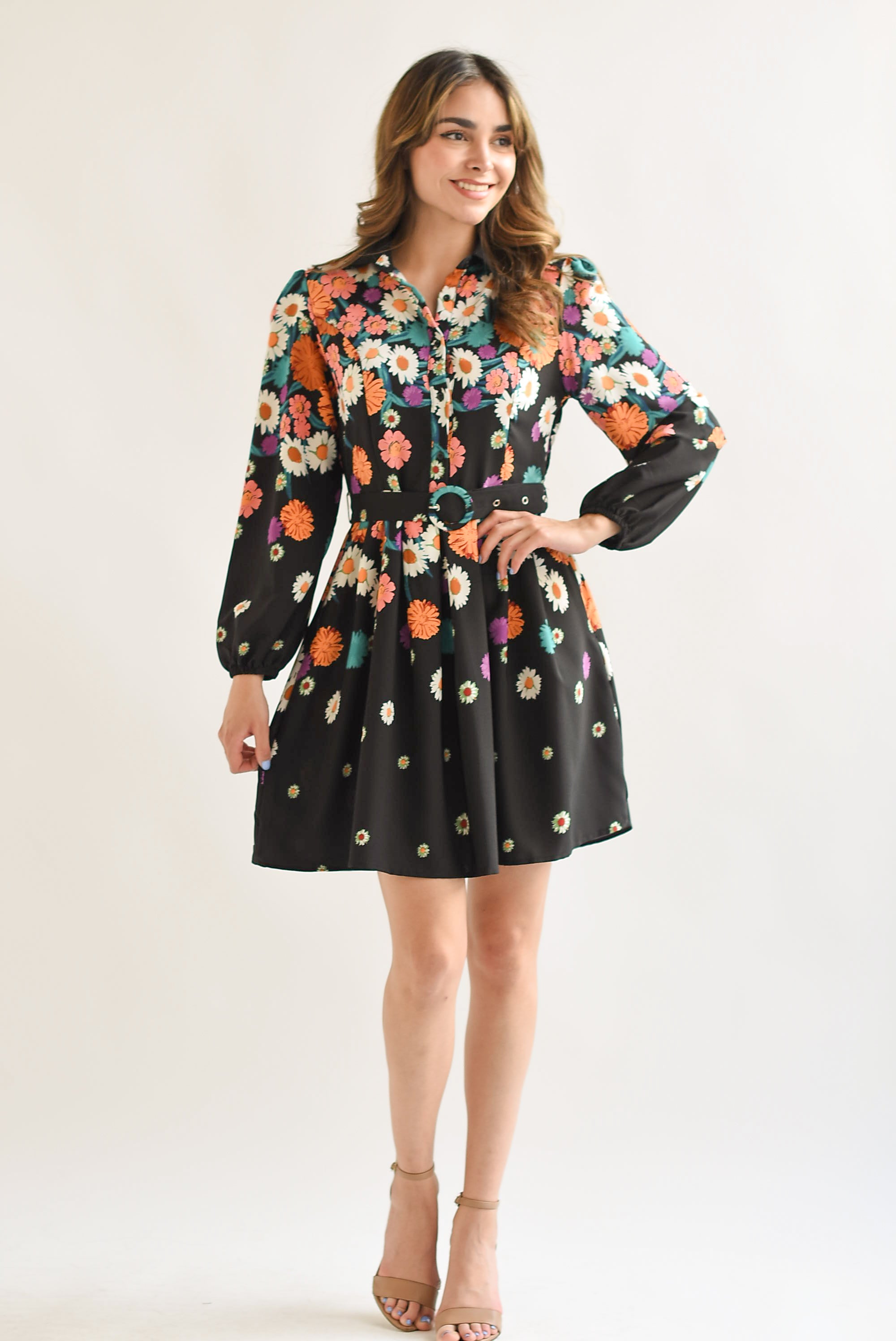 Vestido camisero Margaritas Negro