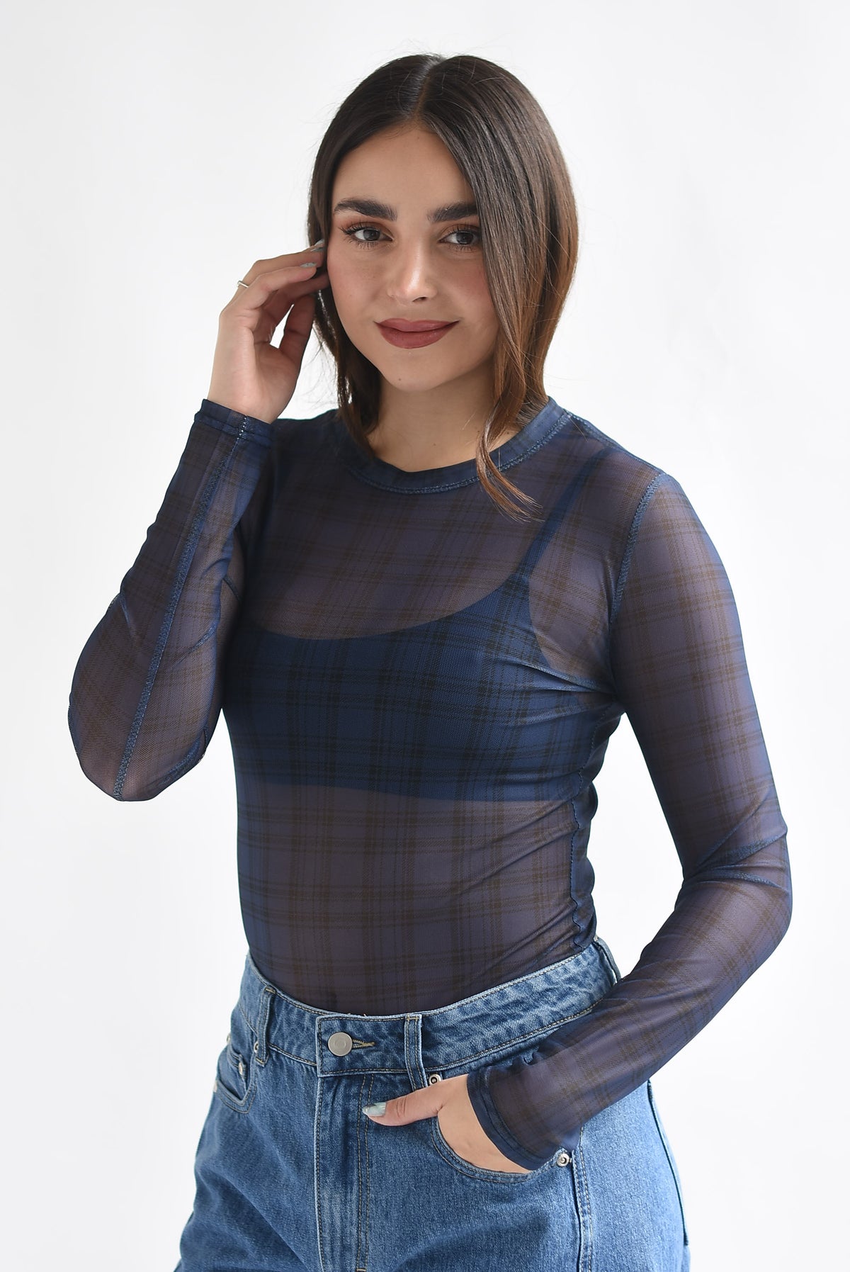 Blusa mesh manga larga cuadros