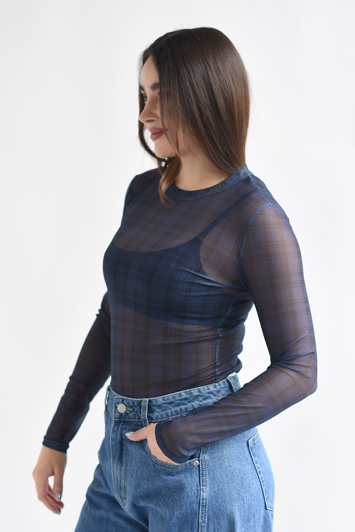 Blusa mesh manga larga cuadros