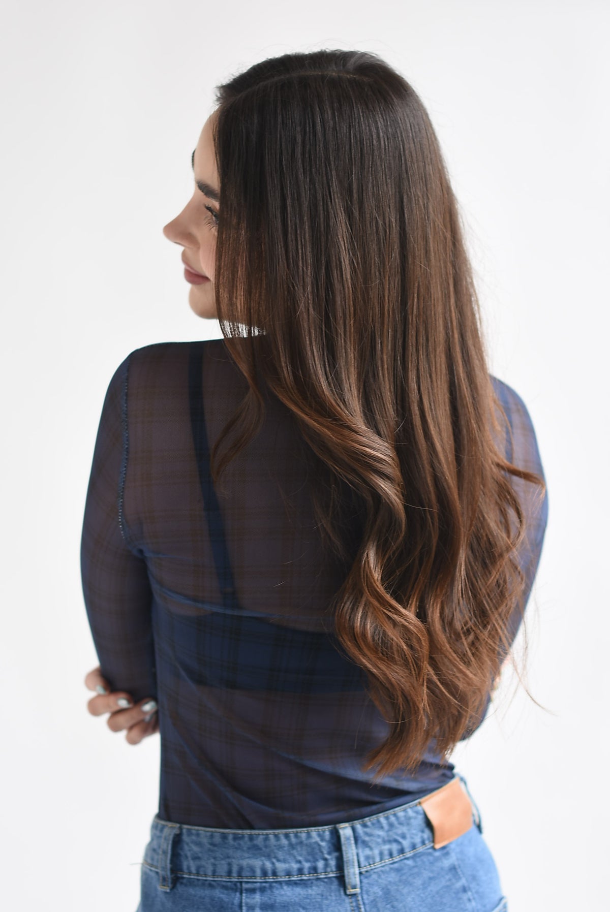 Blusa mesh manga larga cuadros