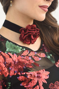 Fashion Styled Choker terciopelo flor Vino