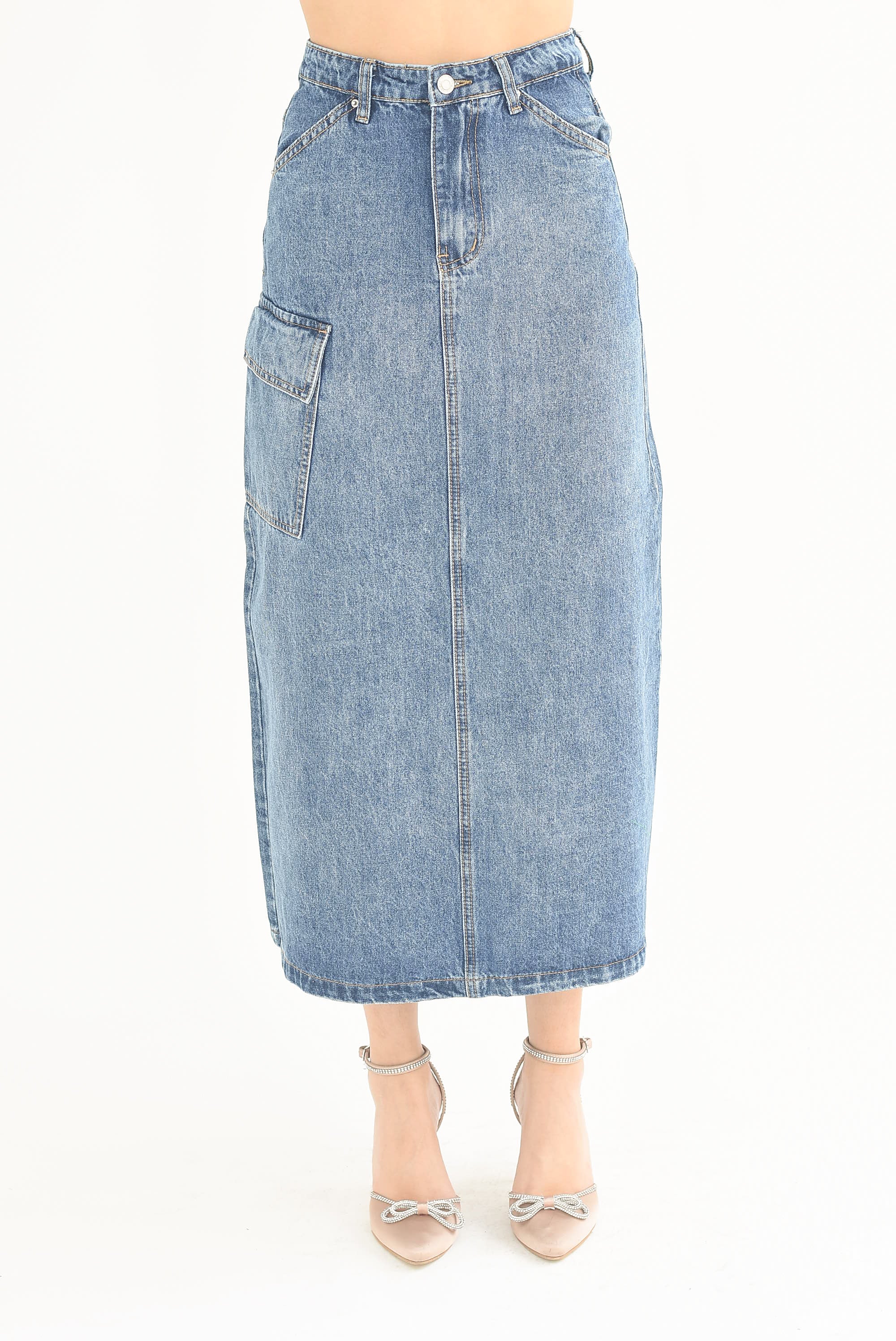 Falda larga denim Cargo abertura trasera