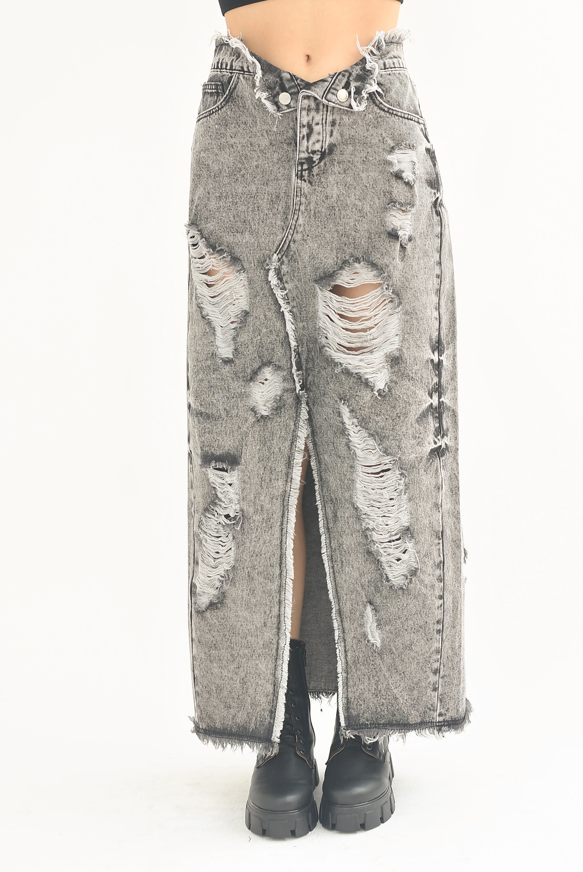 Falda larga Denim desgarre Negra deslavada
