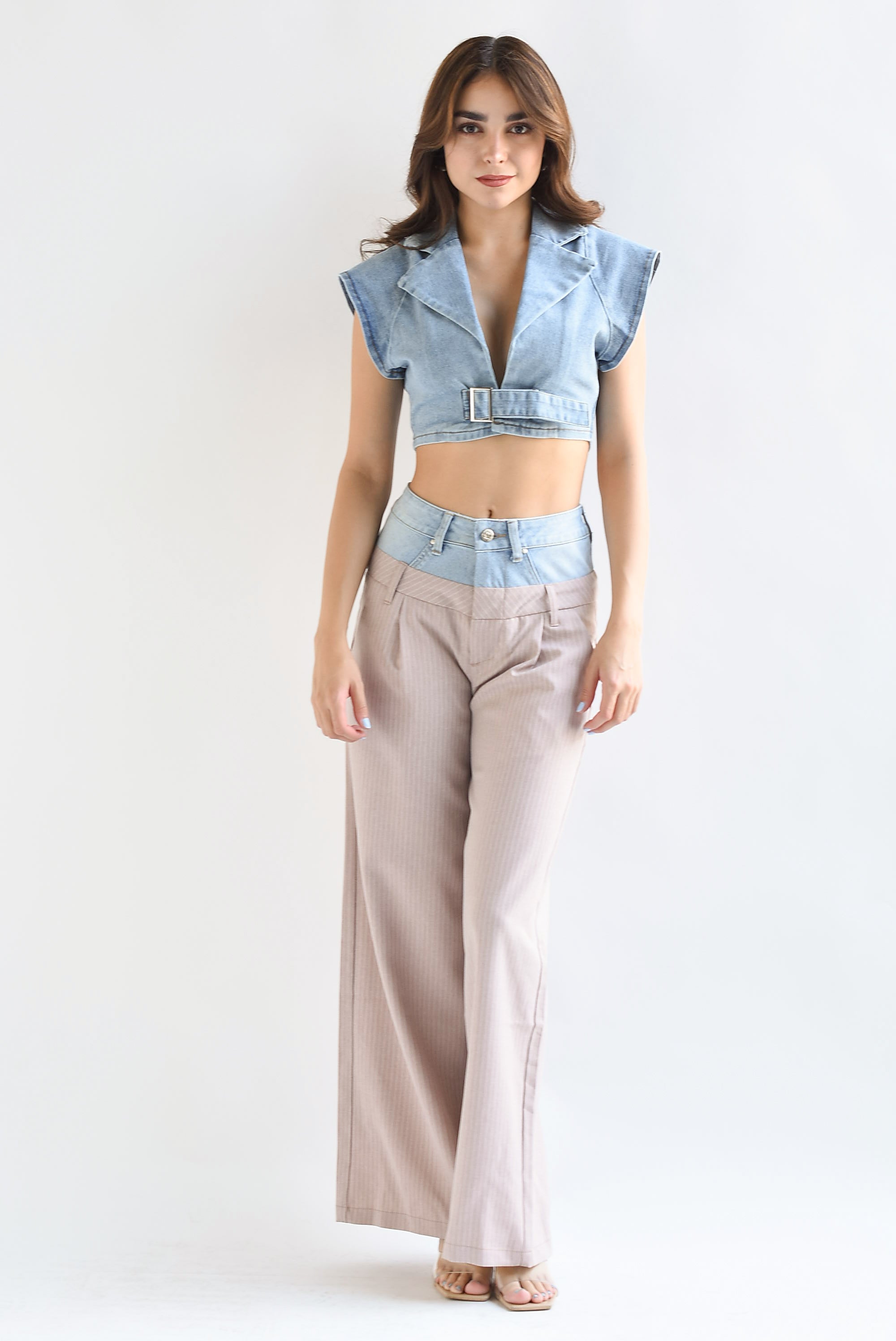 Pantalón rayas pretina denim Rosa baby