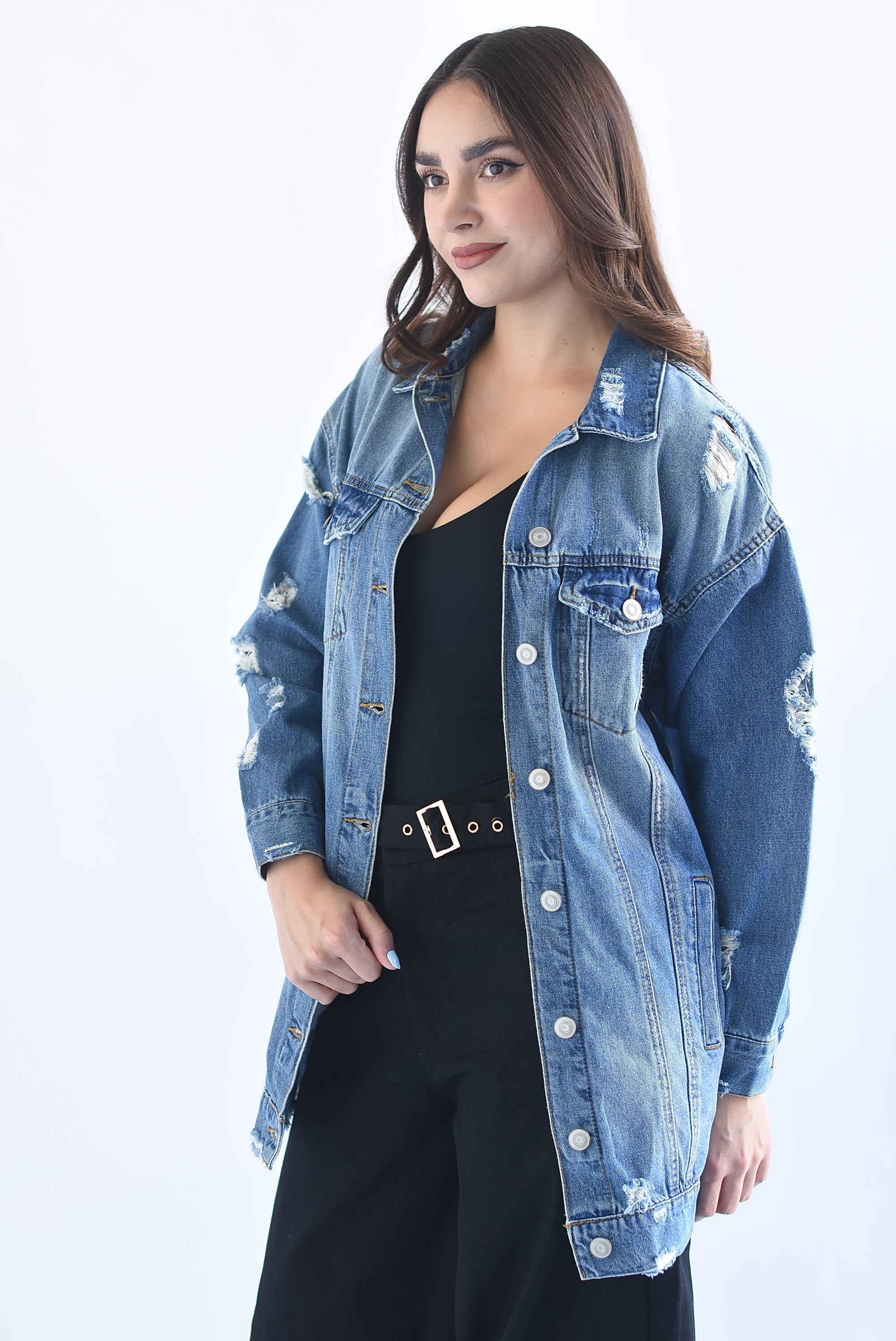 Chamarra denim larga desgarrado