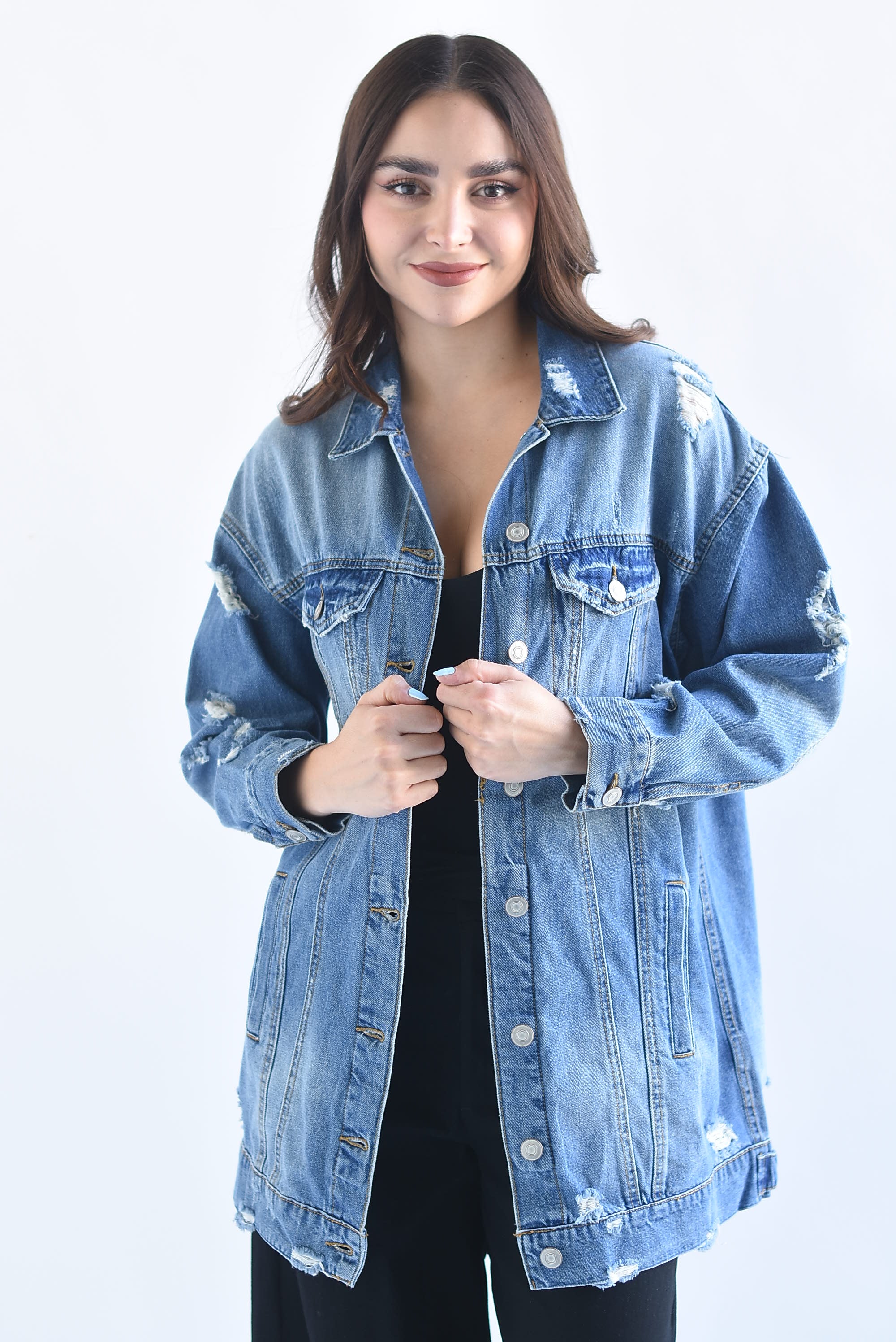 Chamarra denim larga desgarrado