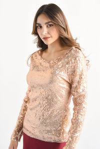 Fashion Styled Blusa manga larga lentejuela Rose Gold