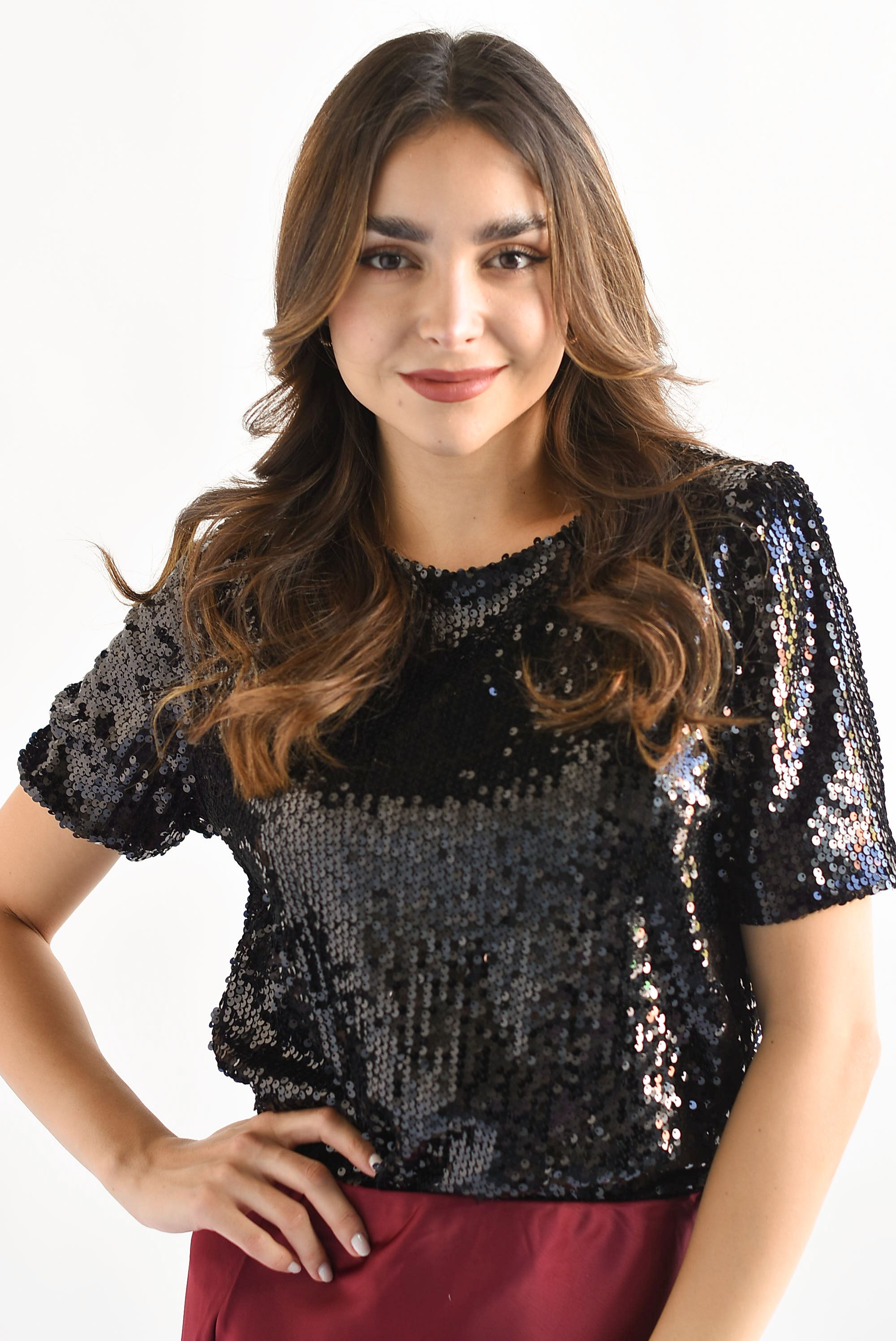 Blusa manga corta lentejuela Negra