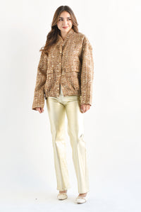 Fashion Styled Chamarra bomber tweed lentejuela Dorada