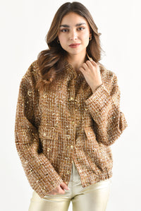 Fashion Styled Chamarra bomber tweed lentejuela Dorada