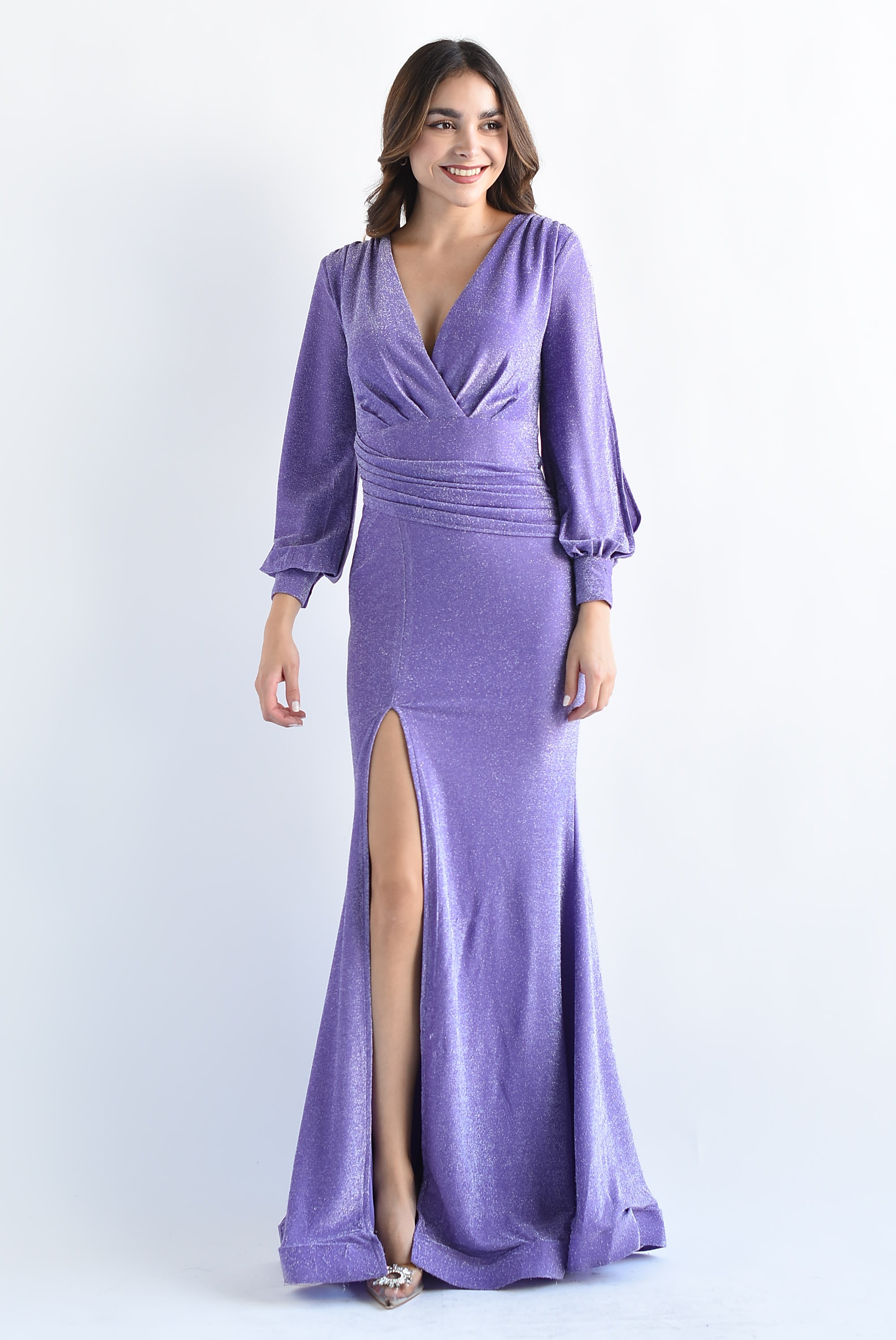 Vestido largo drapeado glitter Lila