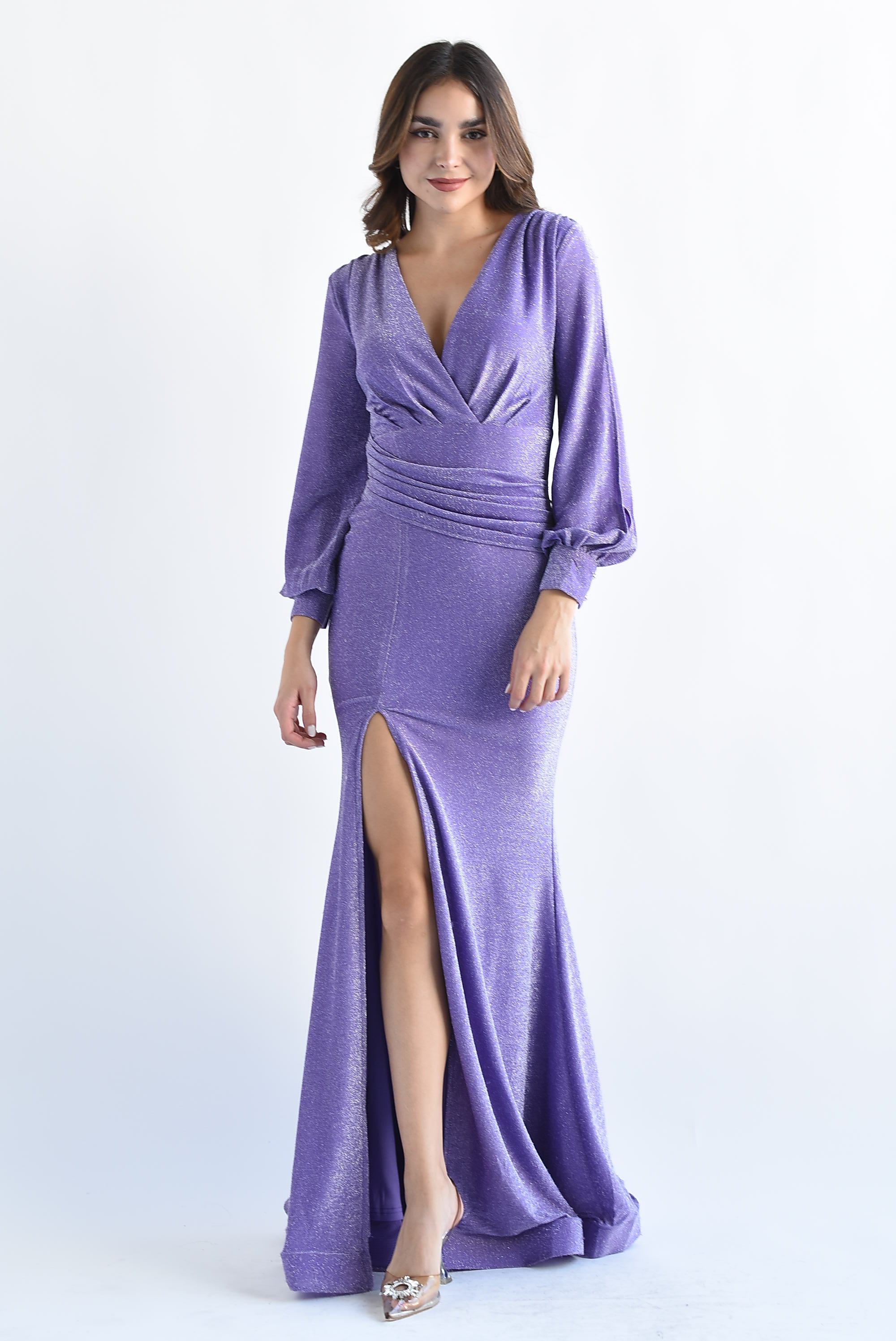 Vestido largo drapeado glitter Lila
