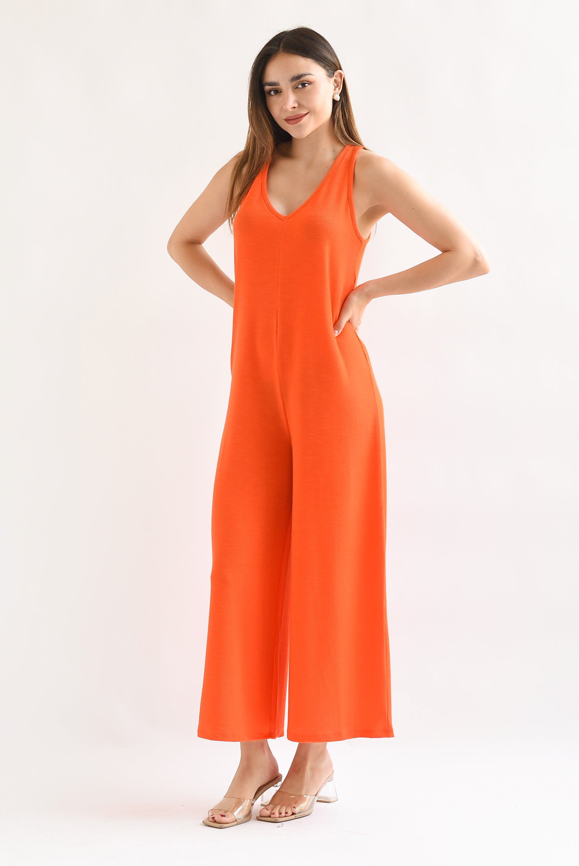 Jumpsuit pierna ancha cuello V Naranja