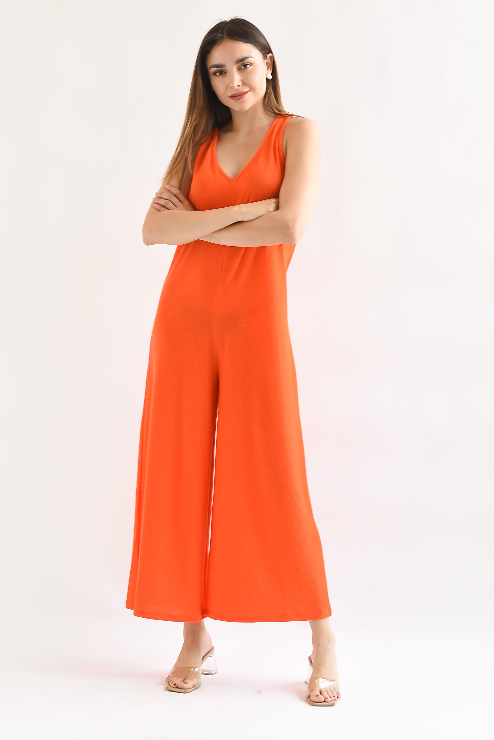 Jumpsuit pierna ancha cuello V Naranja