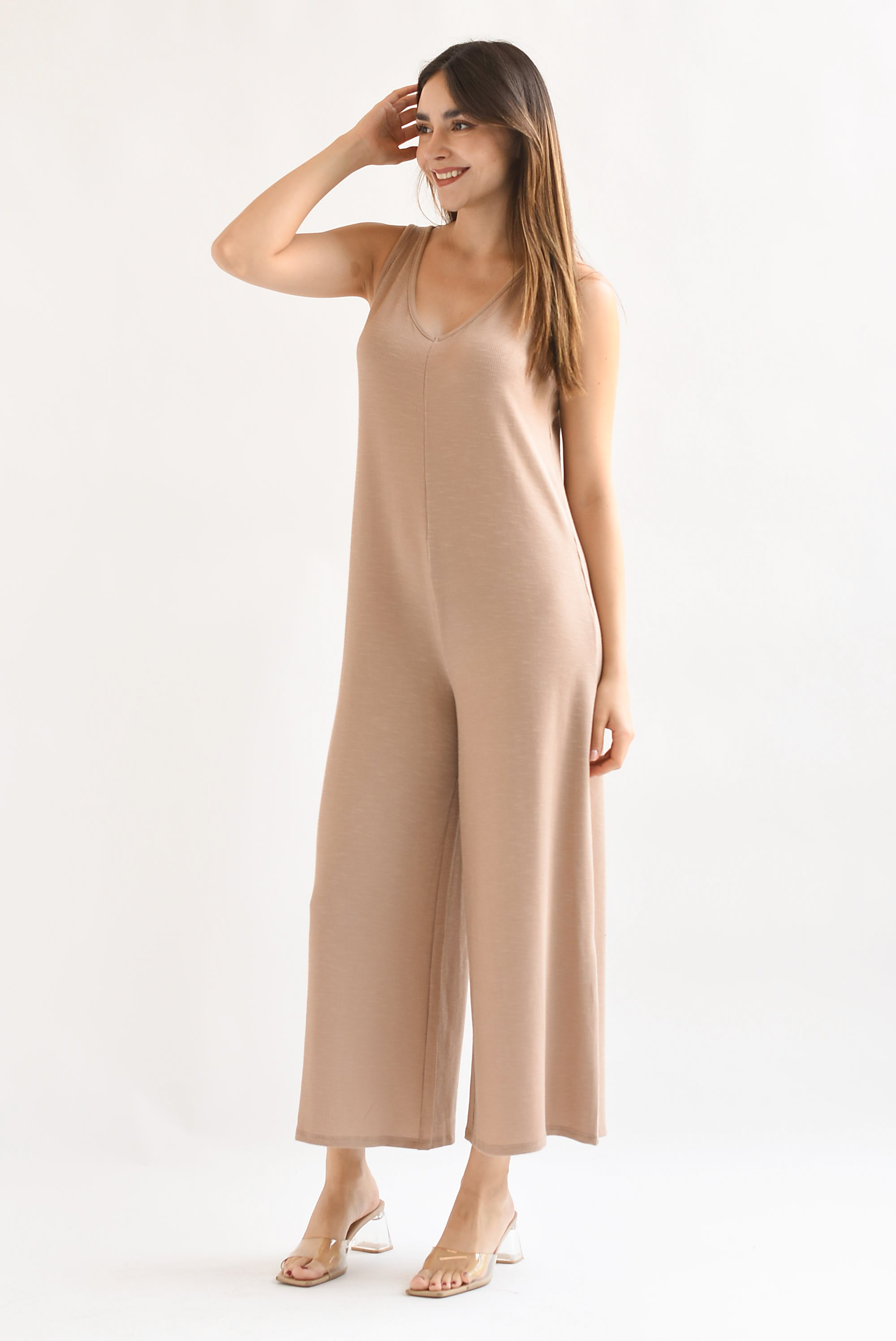 Jumpsuit pierna ancha cuello V Moka