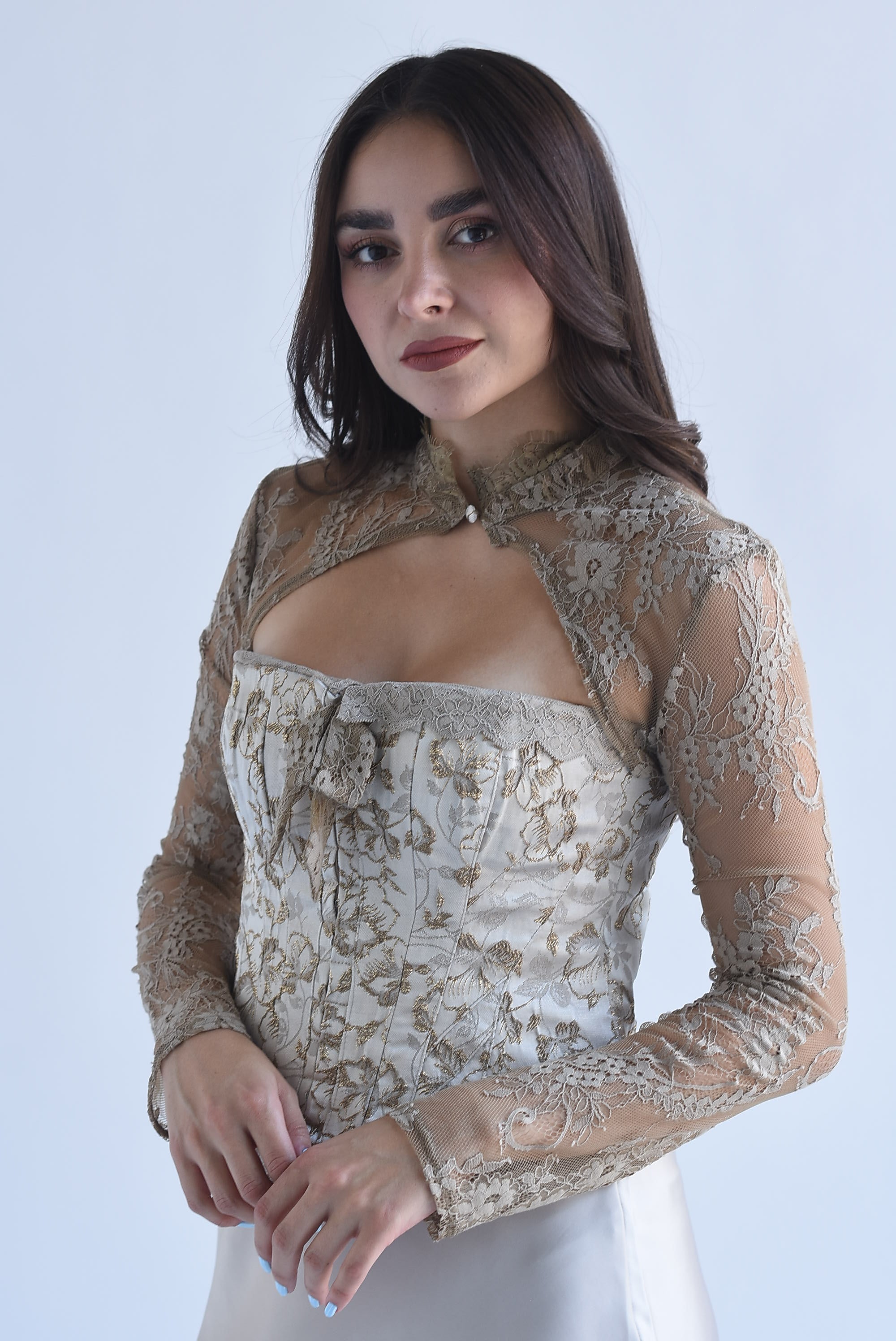 Corset flores tapiz con mangas encaje