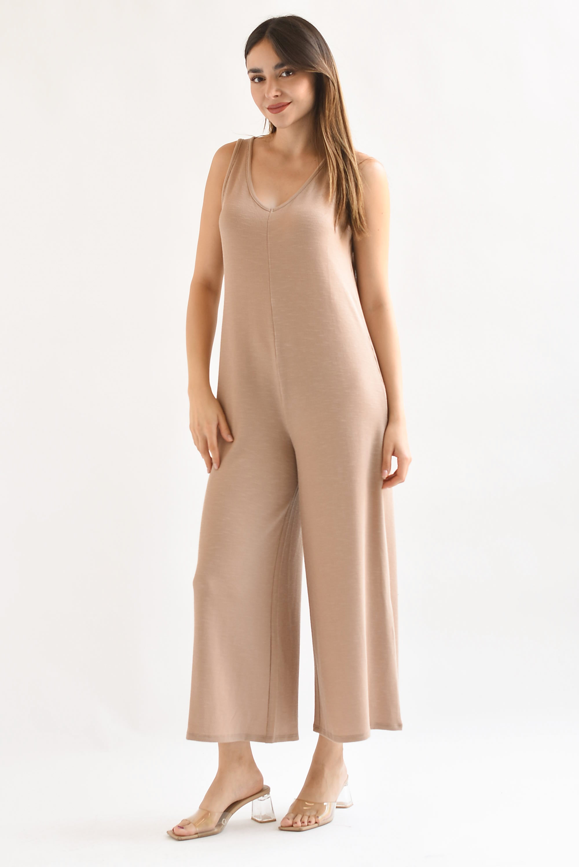 Jumpsuit pierna ancha cuello V Moka