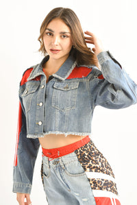 Fashion Styled Chamarra track crop denim Rojo