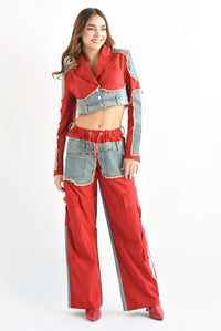 Fashion Styled Set Pantalón y Chamarra crop Denim Rojo