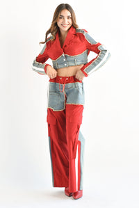 Fashion Styled Set Pantalón y Chamarra crop Denim Rojo