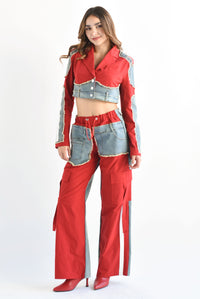 Fashion Styled Set Pantalón y Chamarra crop Denim Rojo