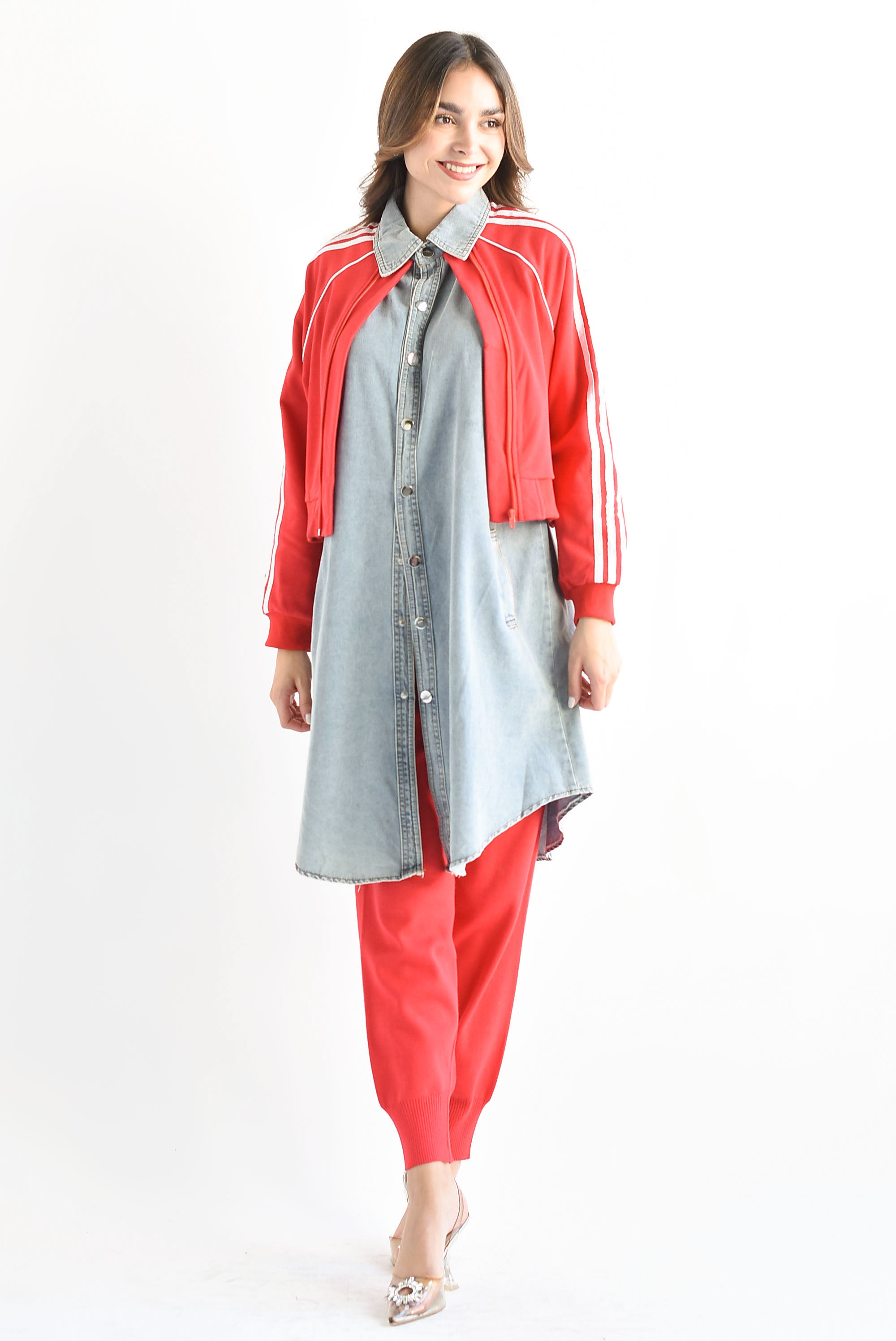 Chamarra larga Denim track Roja