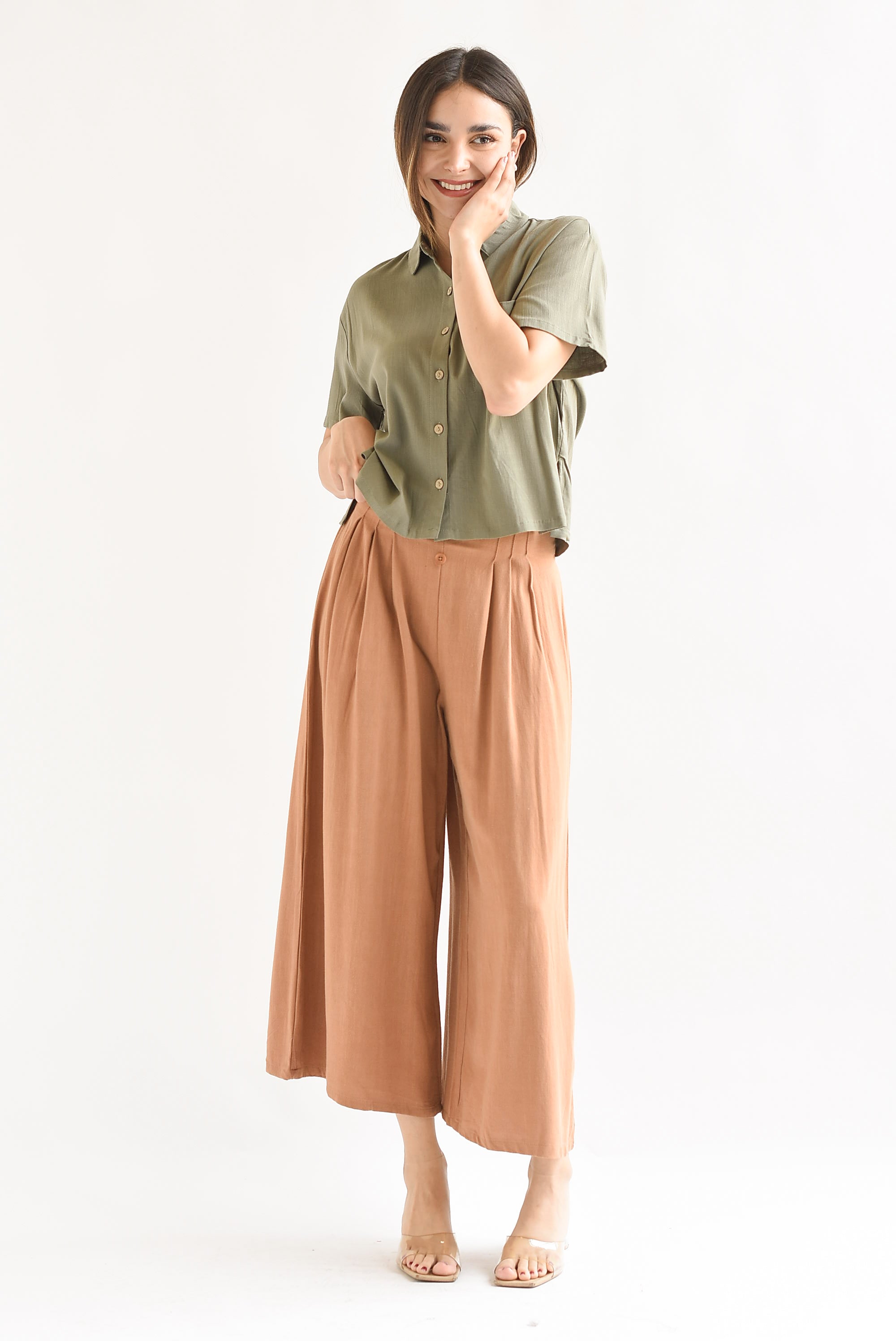 Pantalón culotte tipo lino Café Canela