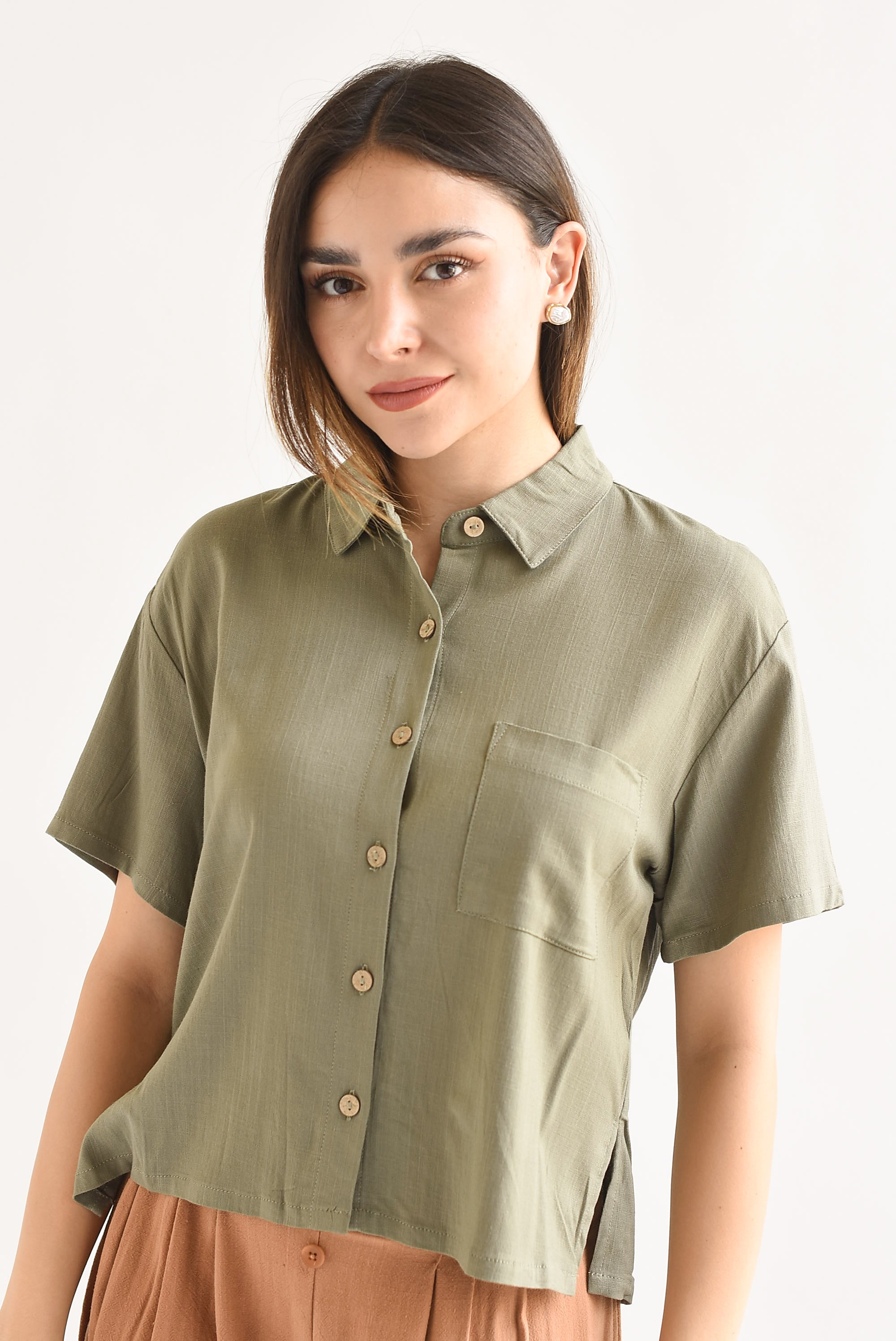 Camisa manga corta tipo lino Verde Olivo – Fashion Styled