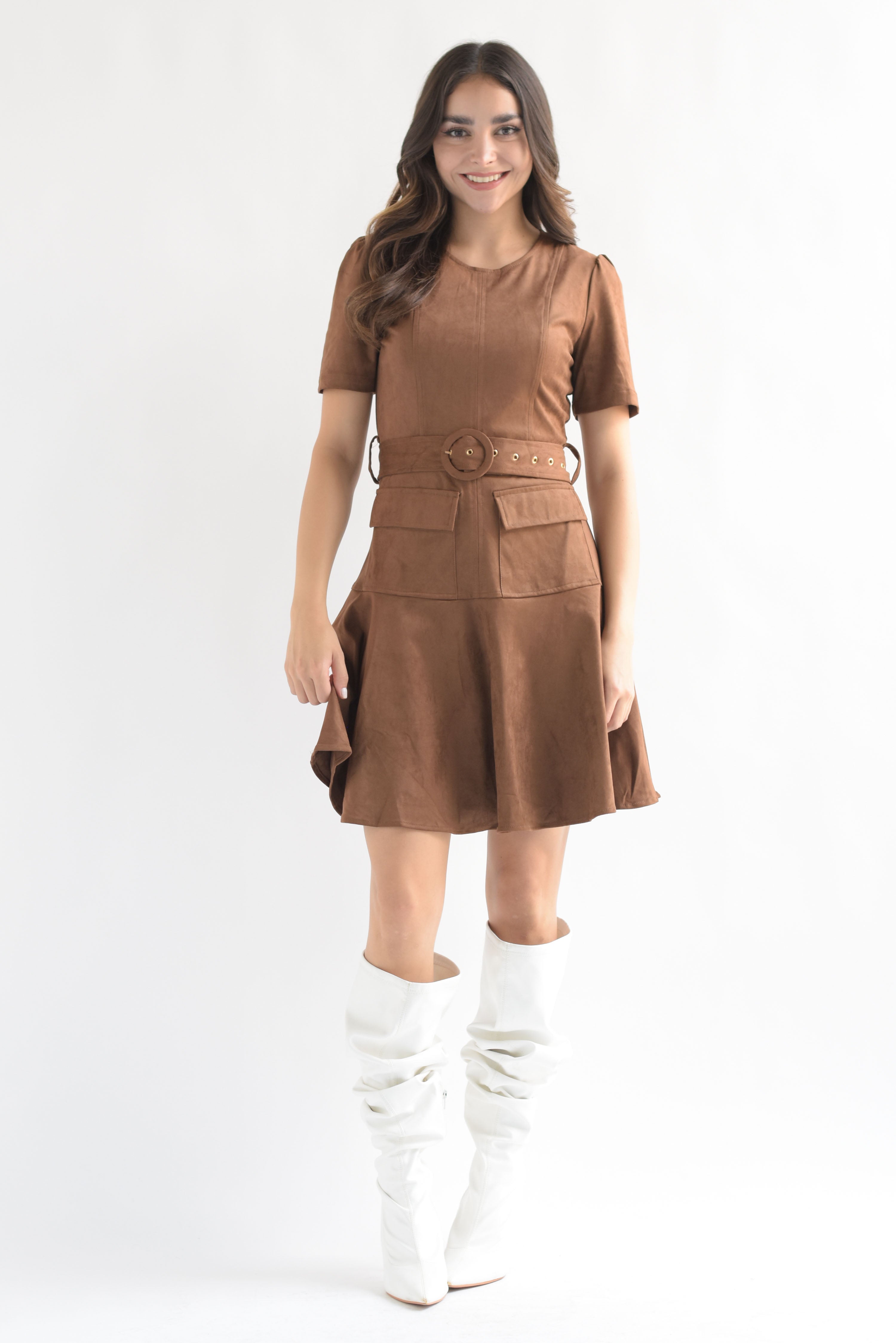 Vestido corto bolsillos suede Camel