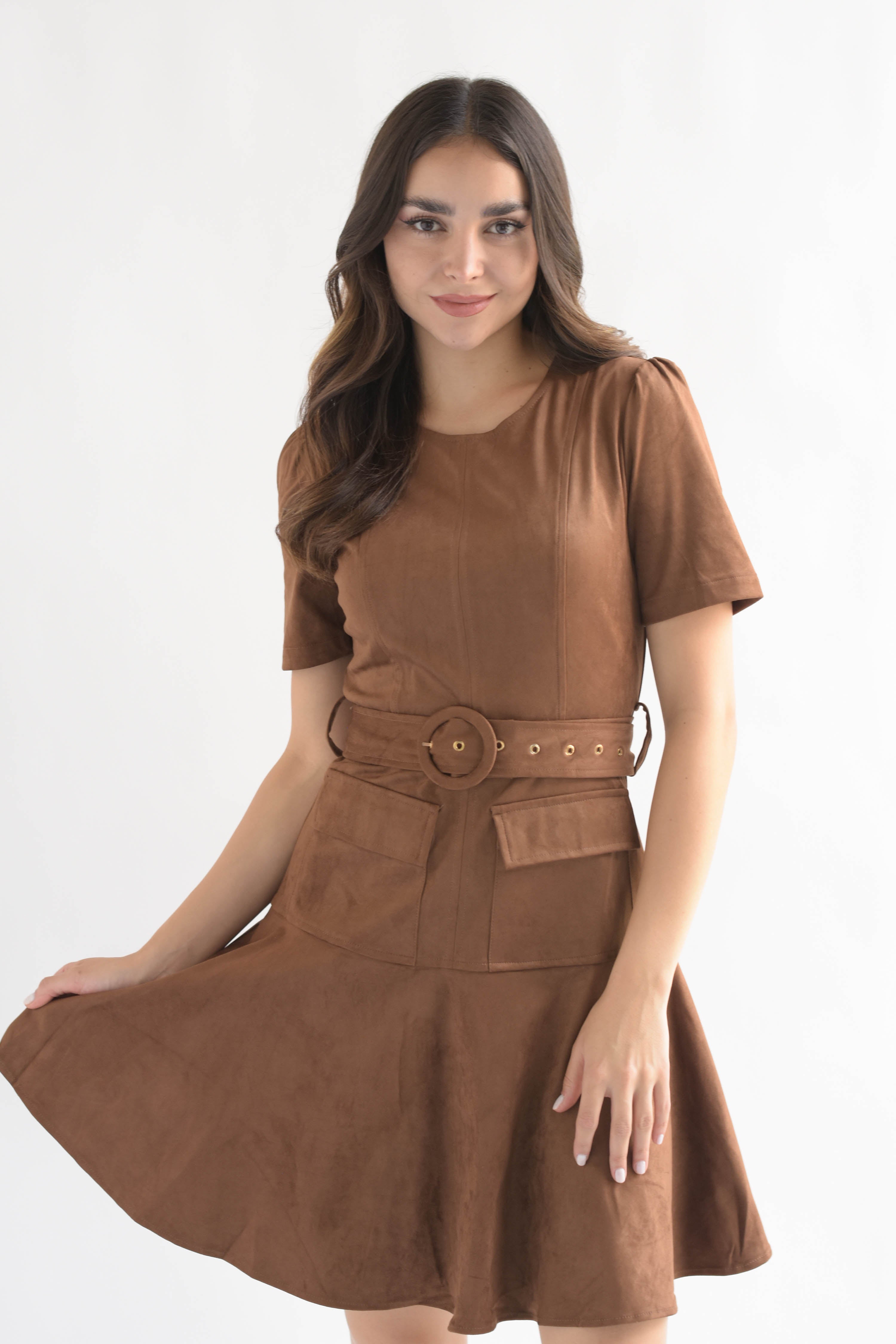 Vestido corto bolsillos suede Camel