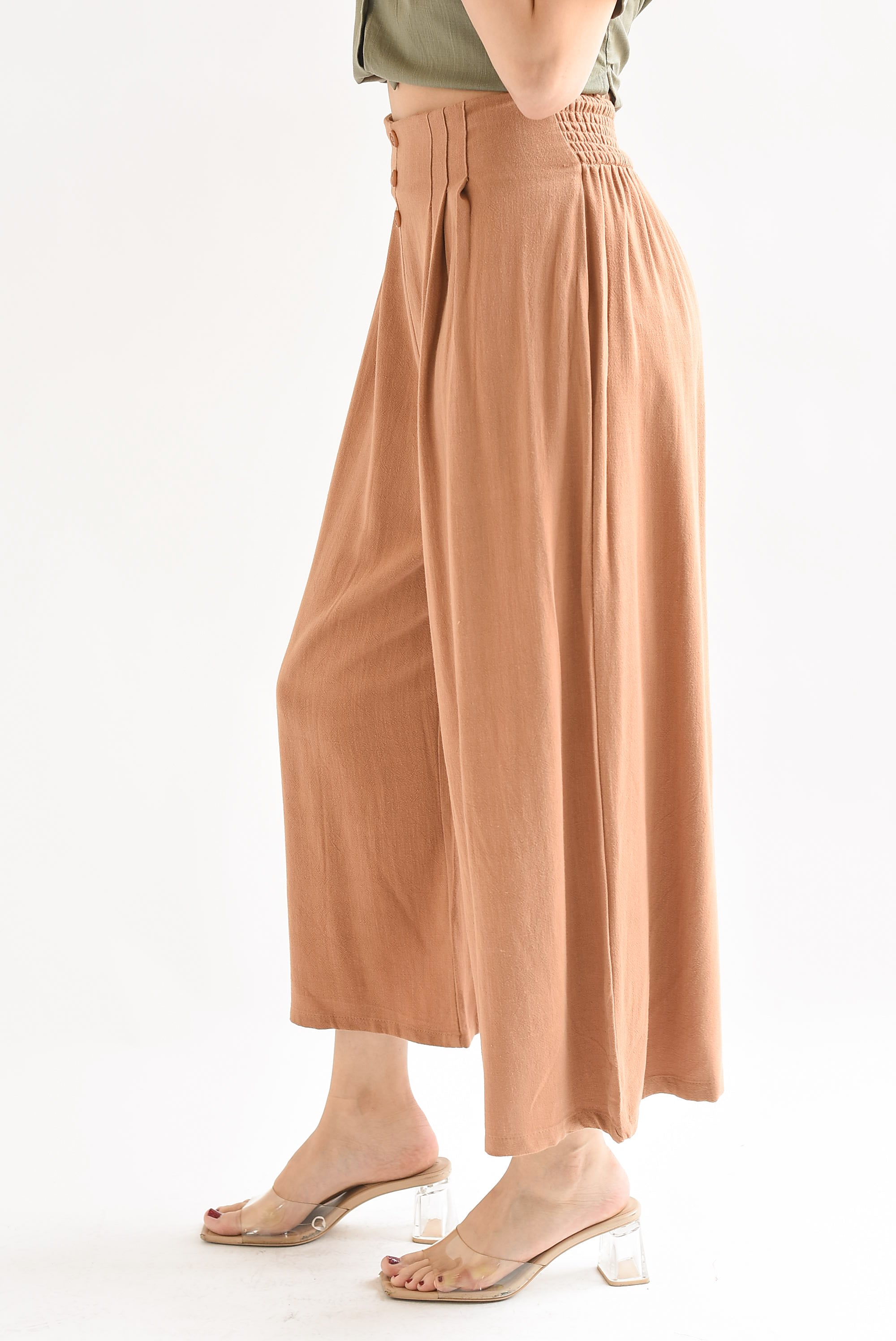 Pantalón culotte tipo lino Café Canela